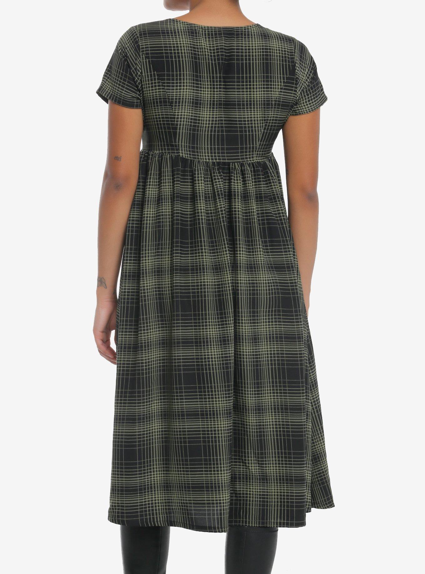 Social Collision Green Plaid Moth Midi Babydoll Dress, BLACK, alternate