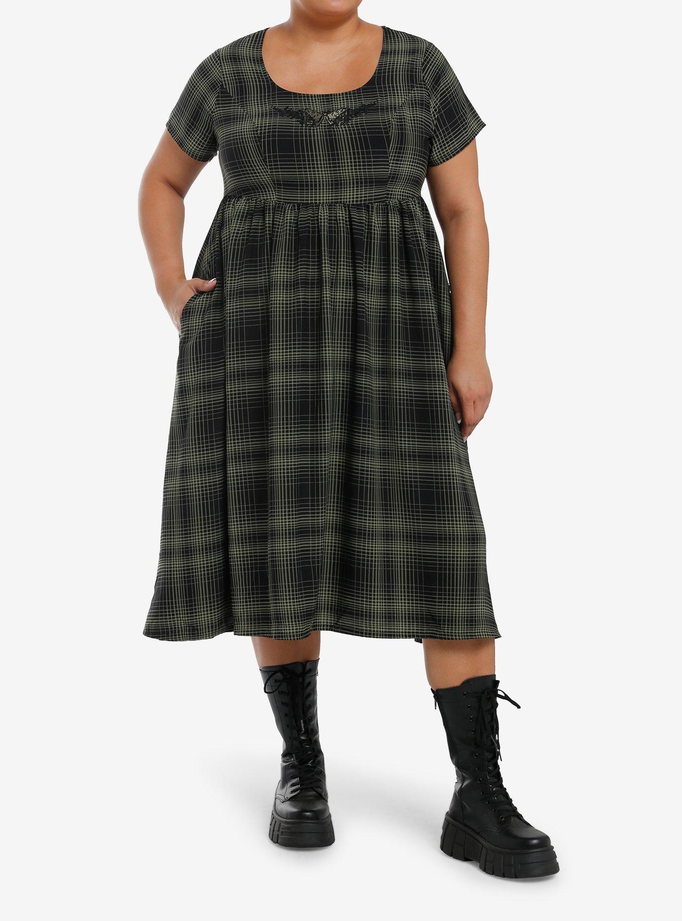 Social Collision Green Plaid Moth Midi Babydoll Dress Plus Size, , hi-res