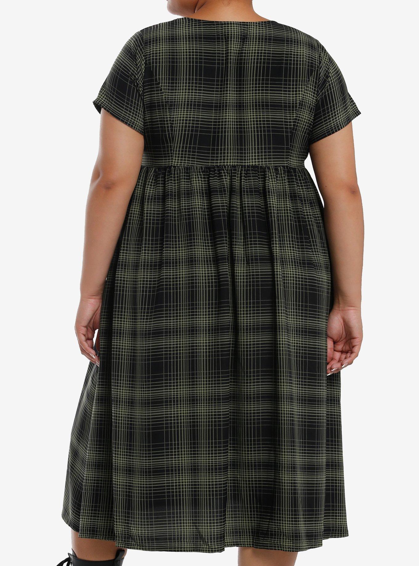 Social Collision Green Plaid Moth Midi Babydoll Dress Plus Size, BLACK, alternate
