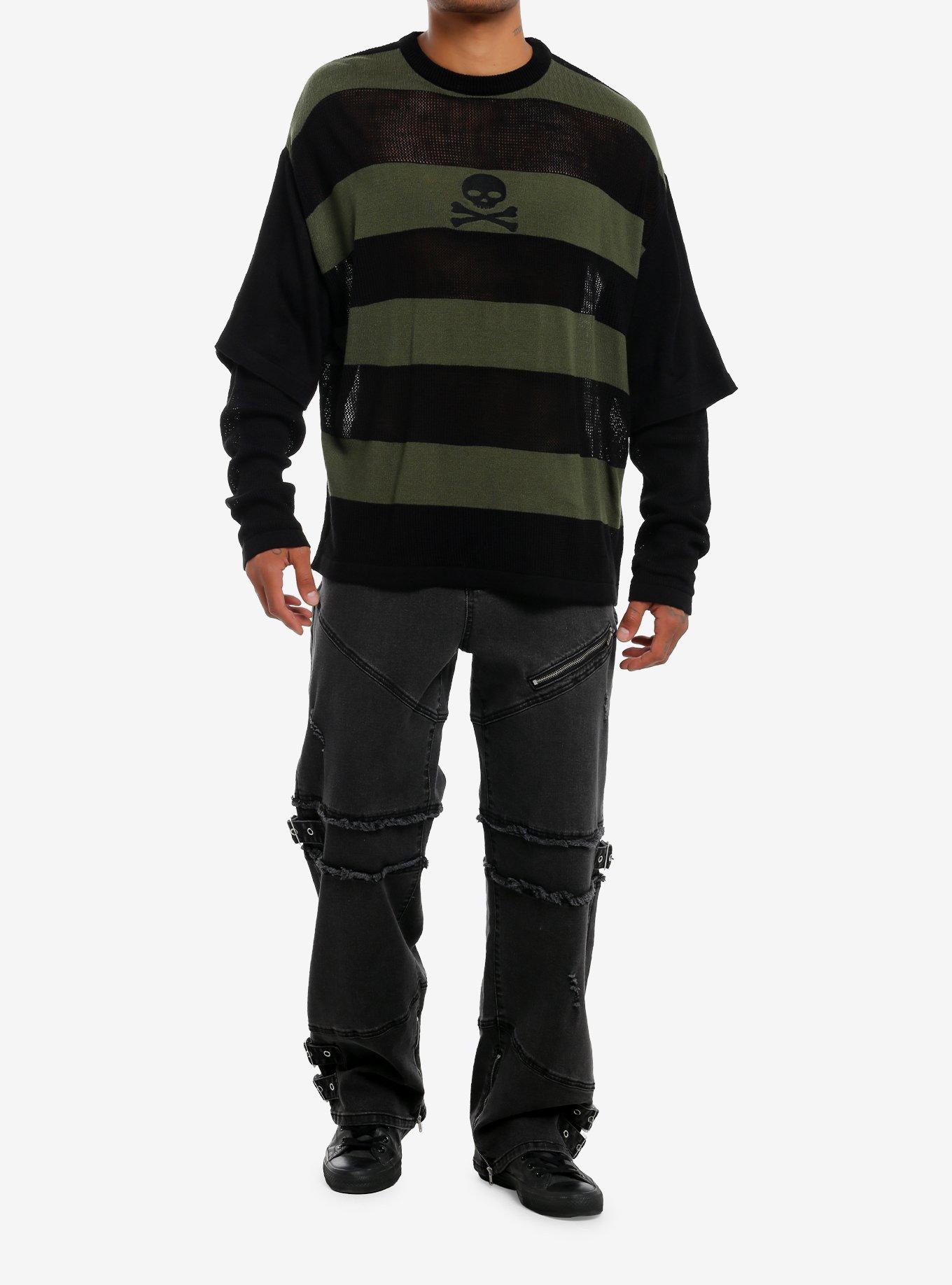 Skull & Crossbones Black Green Stripe Twofer Sweater