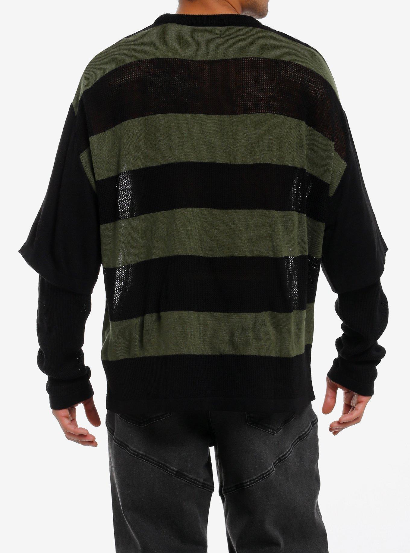 Skull & Crossbones Black & Green Stripe Twofer Sweater, OLIVE, alternate
