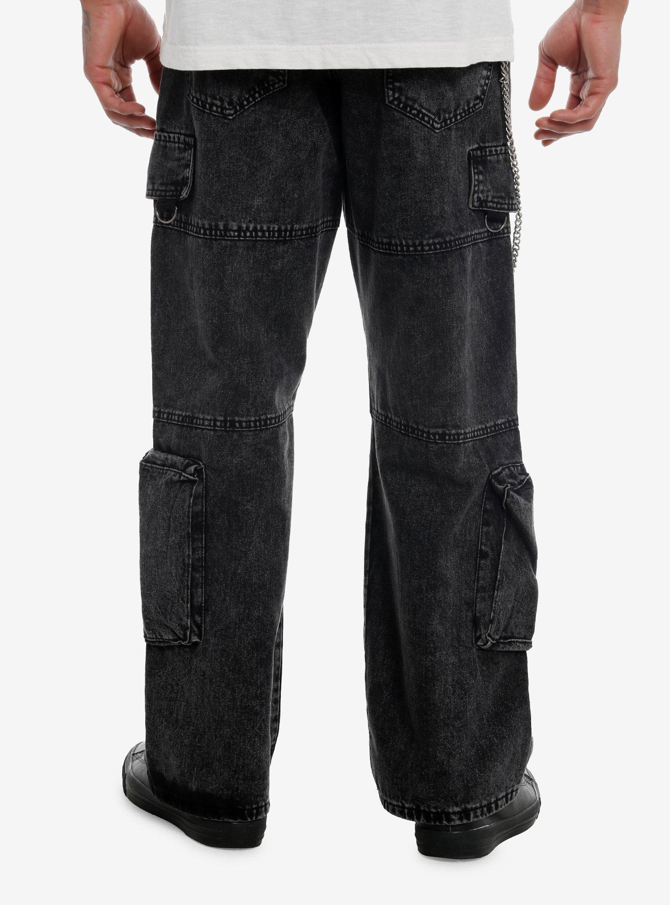 Social Collision Black Acid Wash Denim Cargo Pants With Chain, , hi-res