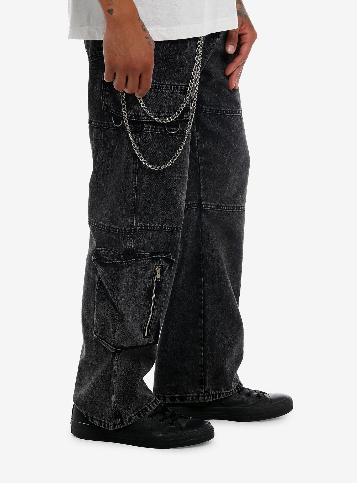 Social Collision Black Acid Wash Denim Cargo Pants With Chain, BLACK, alternate