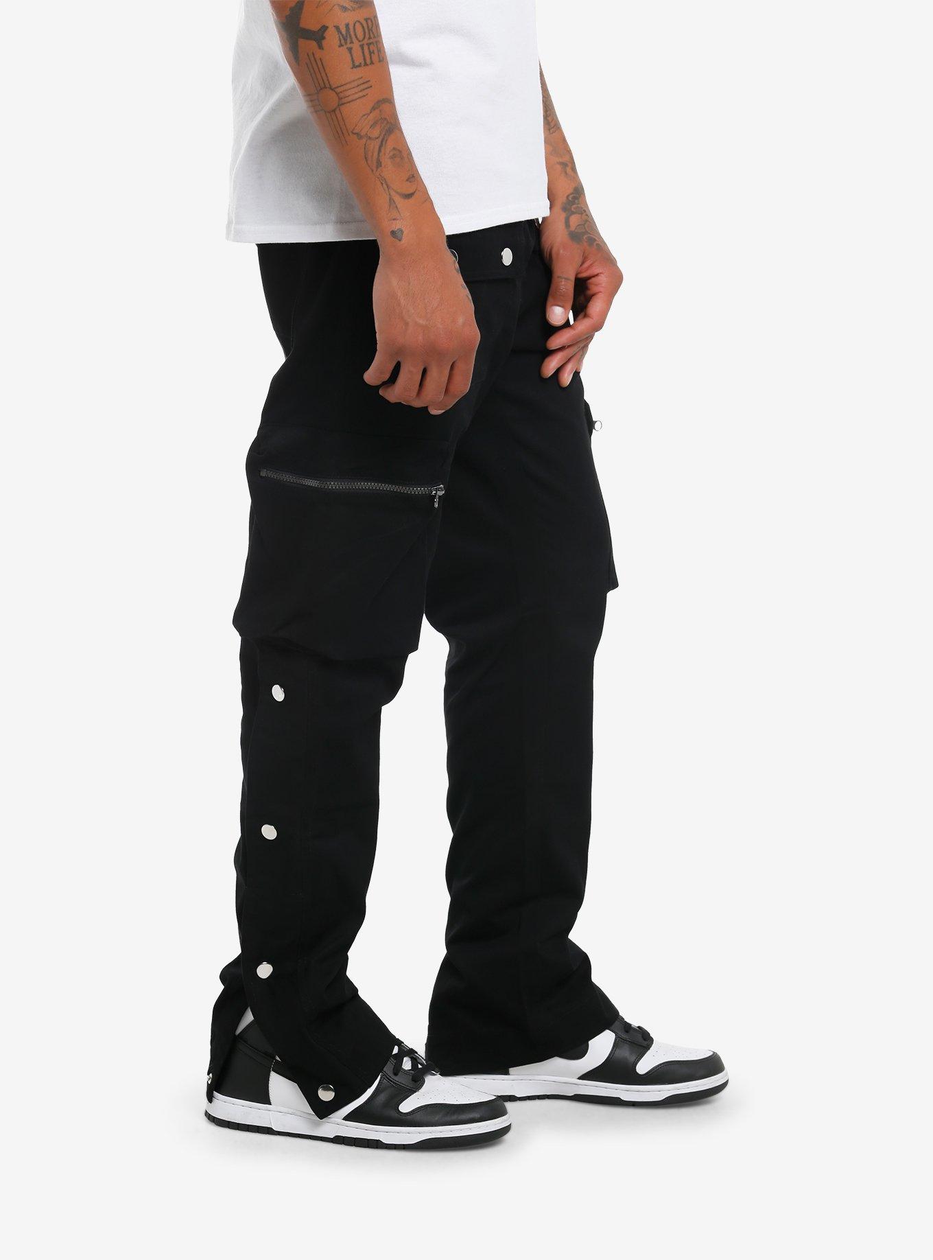 Black Cargo Zipper Pocket Pants, BLACK, alternate