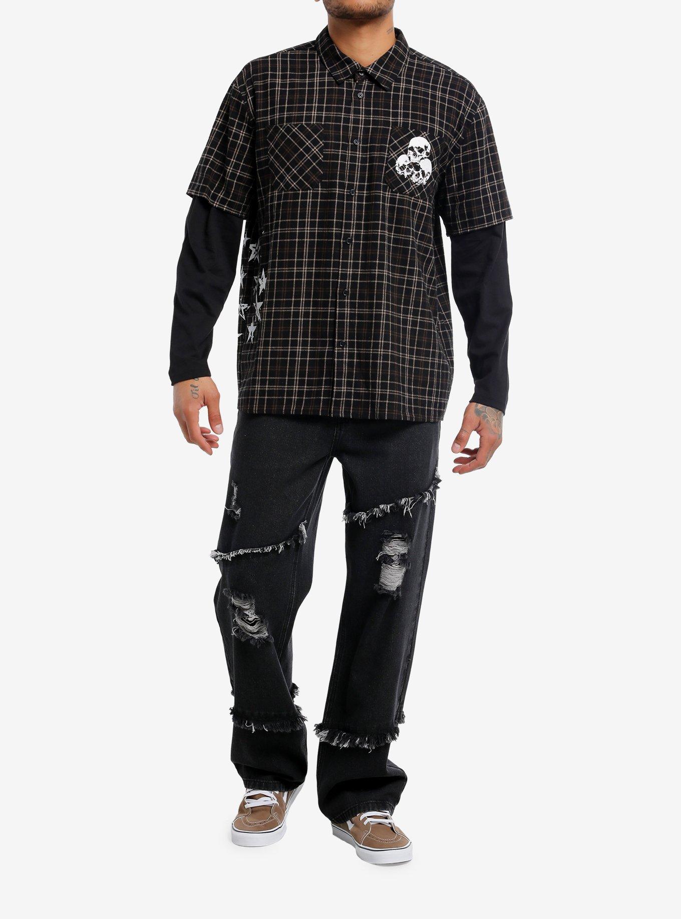 Thorn & Fable Stars & SKulls Plaid Twofer Woven Button-Up, , hi-res