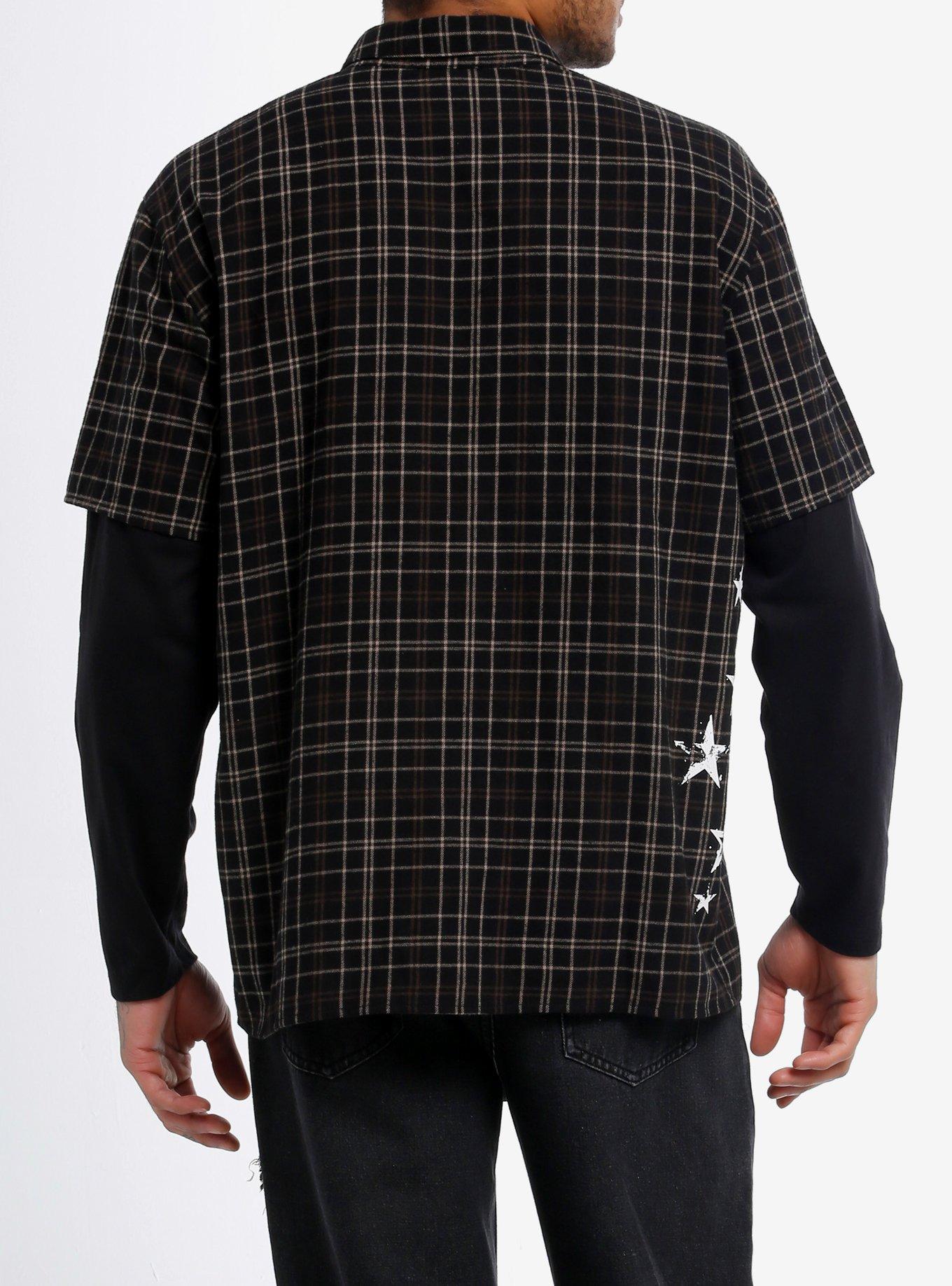 Thorn & Fable Stars & SKulls Plaid Twofer Woven Button-Up, BLACK, alternate