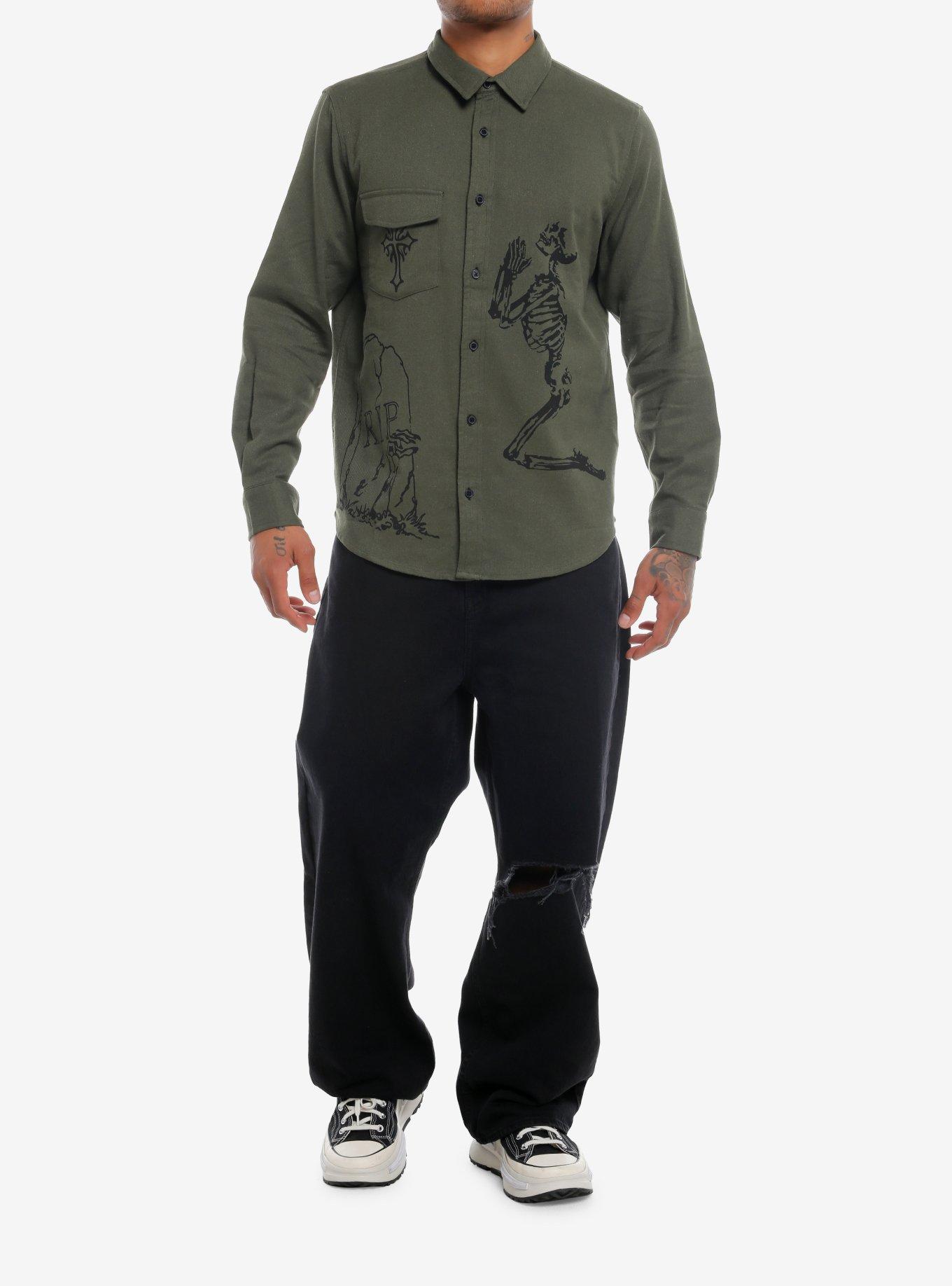 Olive Skeleton Grave Twill Long-Sleeve Woven Button-Up, , hi-res
