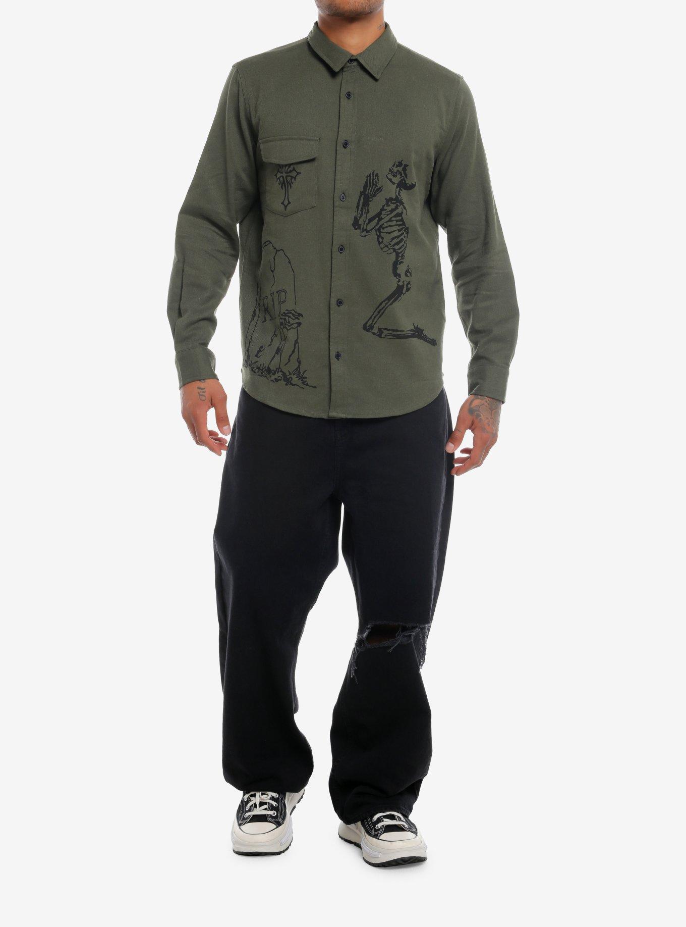 Olive Skeleton Grave Twill Long-Sleeve Woven Button-Up, OLIVE, alternate