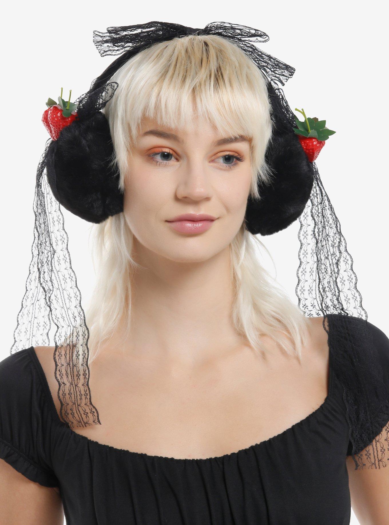 Strawberries & Black Lace Bows Earmuffs, , hi-res