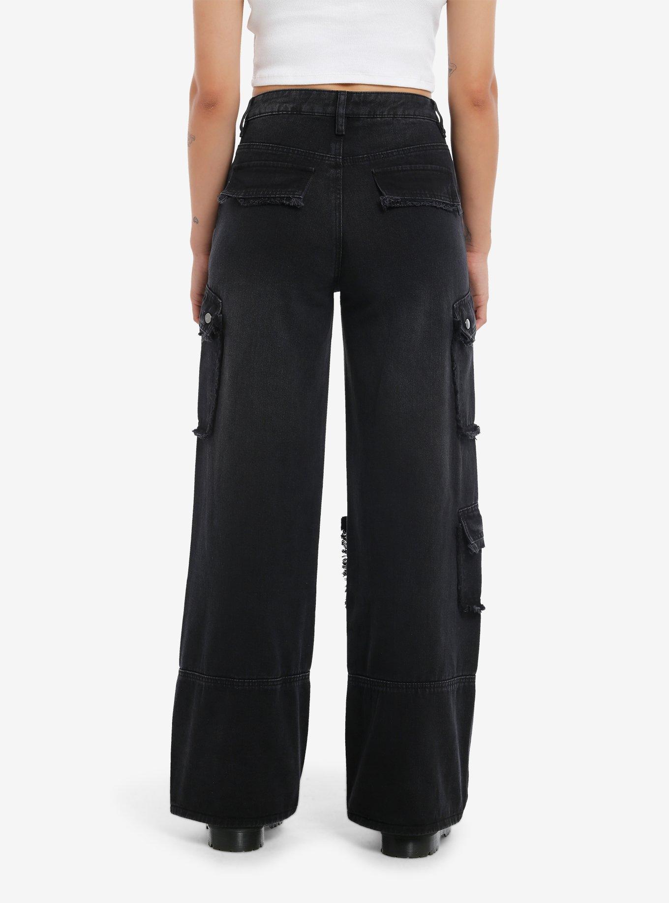 Black Destructed Cargo Wide Leg Pants