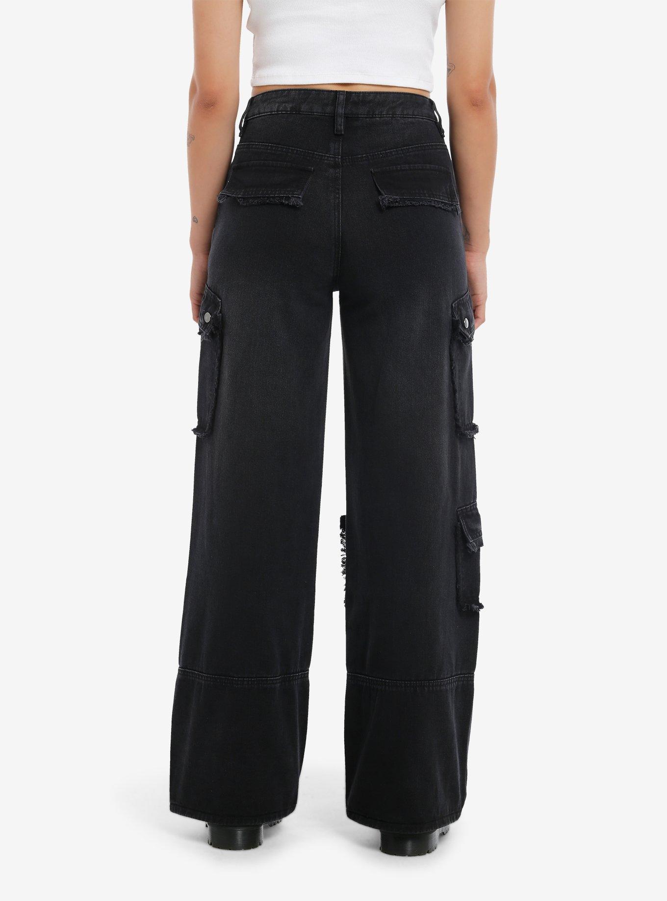 Black Destructed Cargo Wide Leg Jeans, GREY, alternate