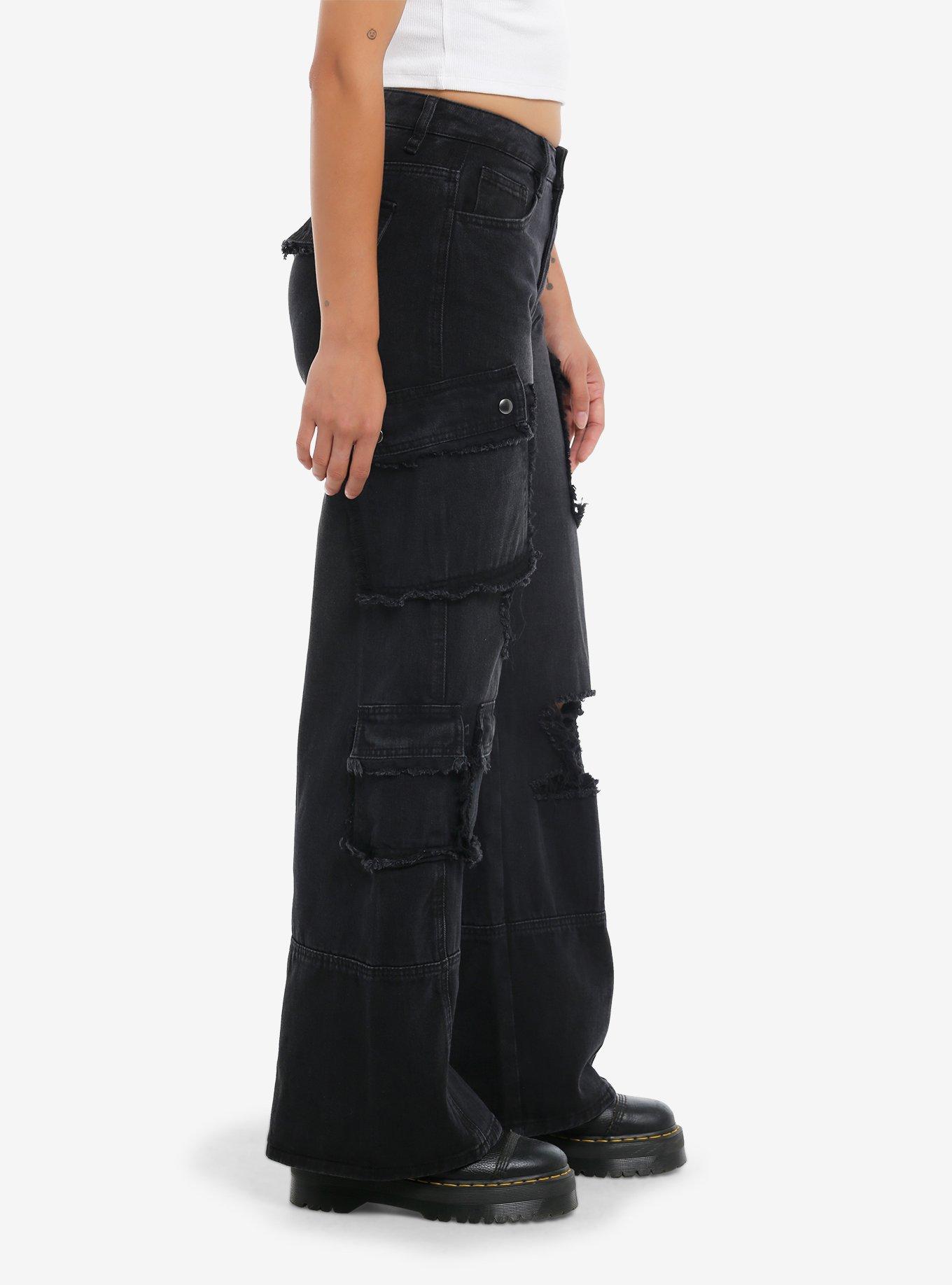 Black Destructed Cargo Wide Leg Jeans, GREY, alternate