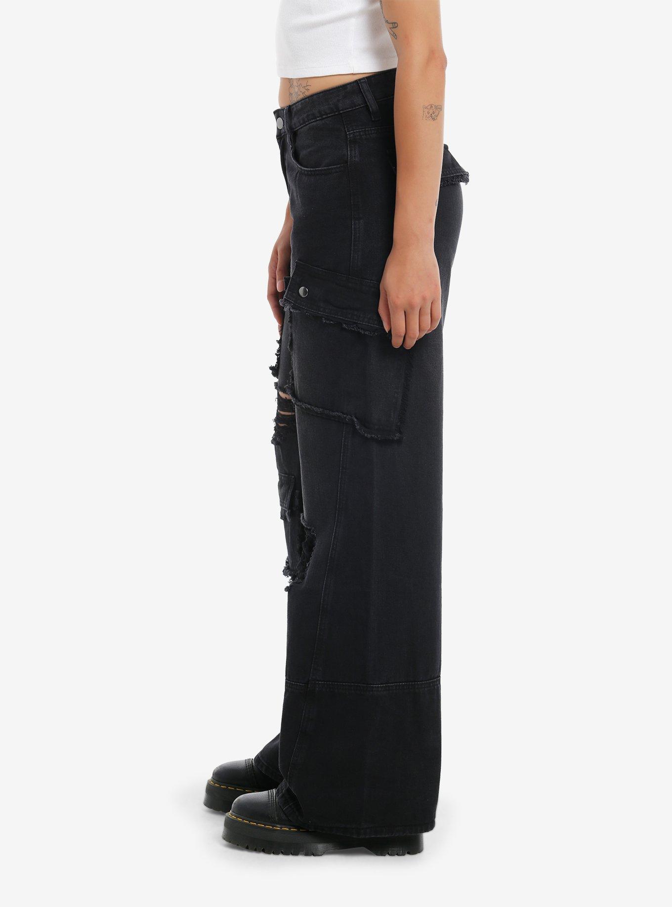 Black Destructed Cargo Wide Leg Jeans, GREY, alternate