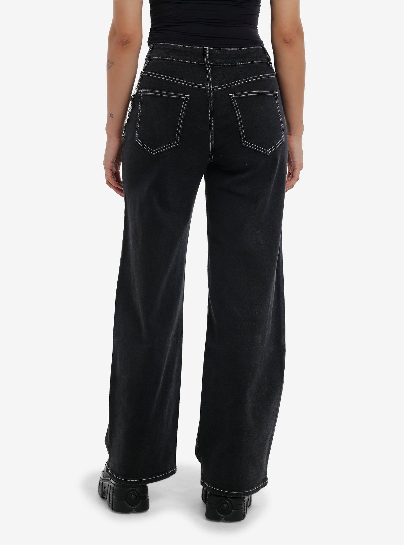 Black Skeleton Hand Chain Wide Leg Denim Pants, , alternate