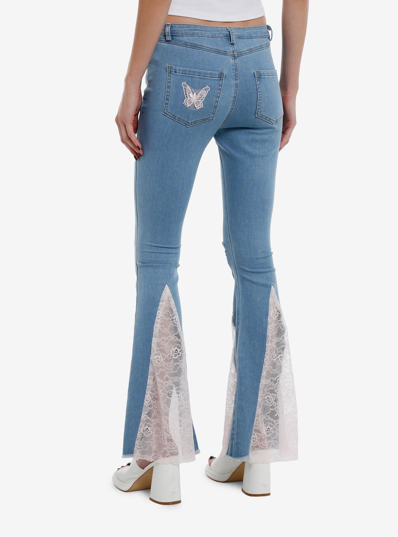 Light Blue & Pink Butterflies Flare Jeans