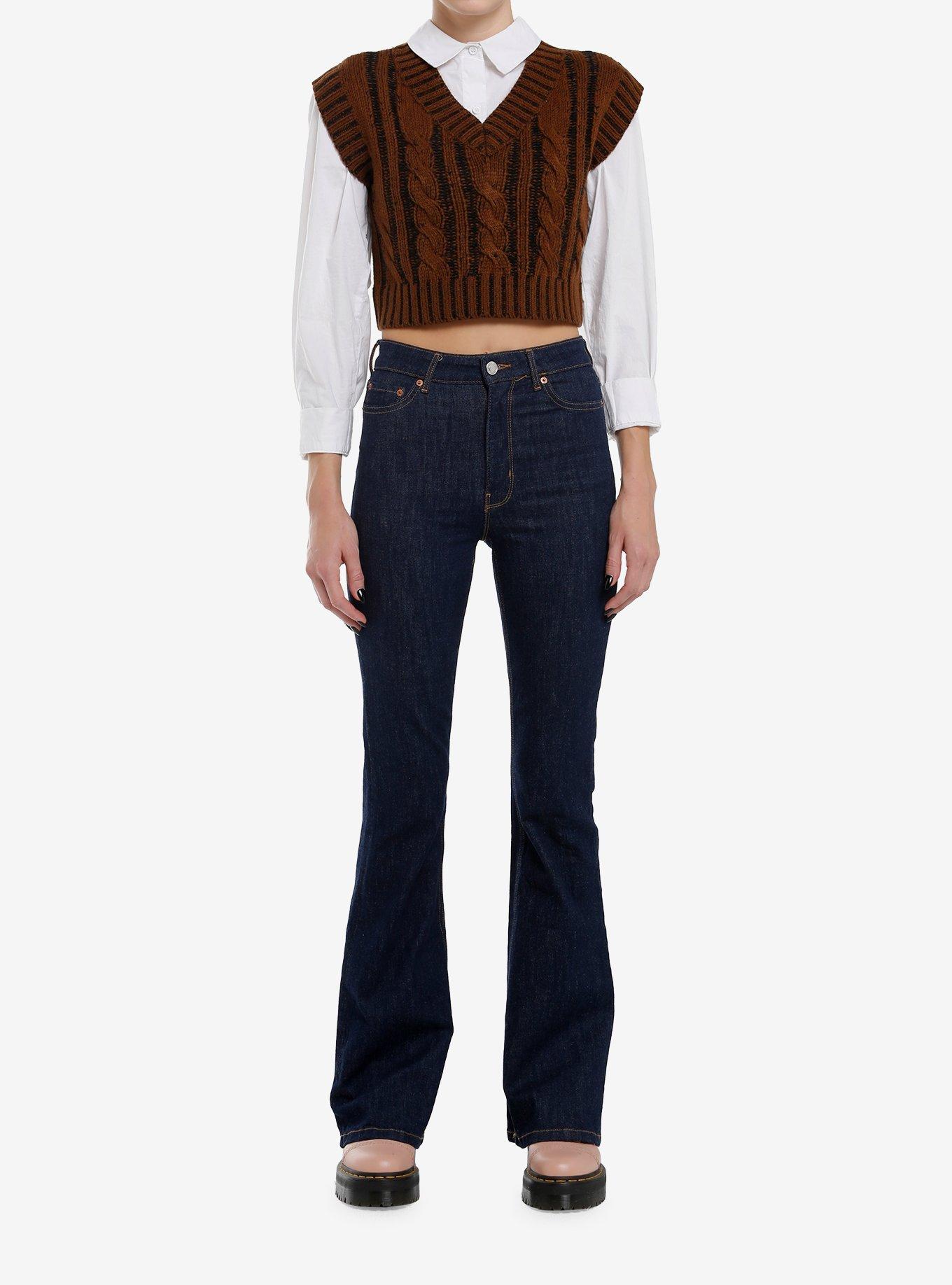Brown & Black Cable-Knit Girls Crop Sweater Vest, , hi-res