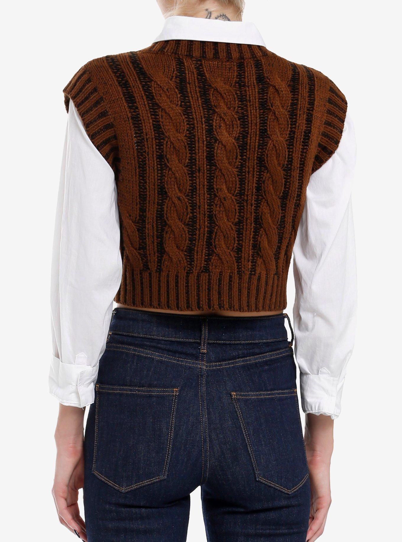 Brown & Black Cable-Knit Girls Crop Sweater Vest, BROWN, alternate