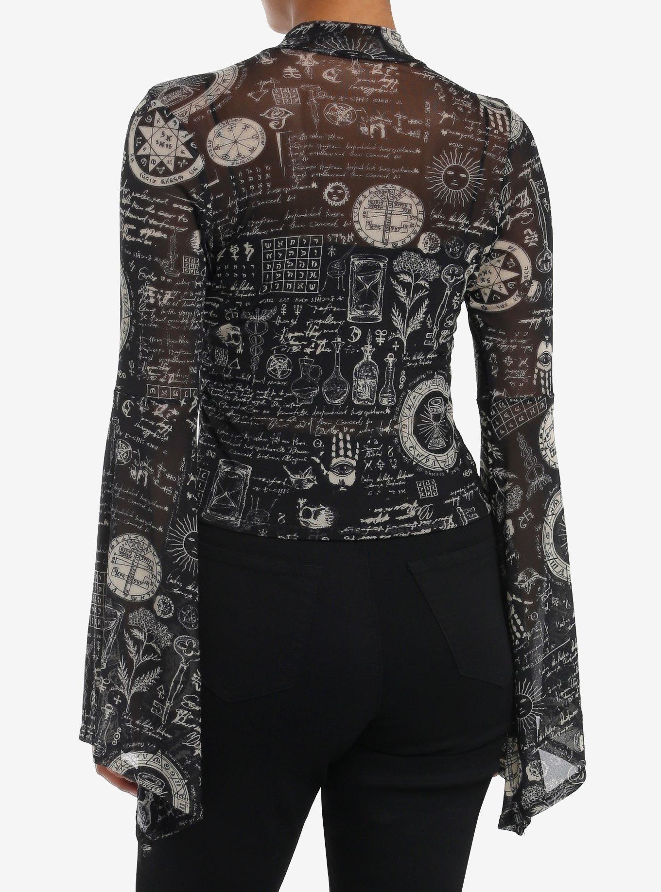 Cosmic Aura Alchemy Symbols Mesh Girls Bell Sleeve Top, GOLD, alternate