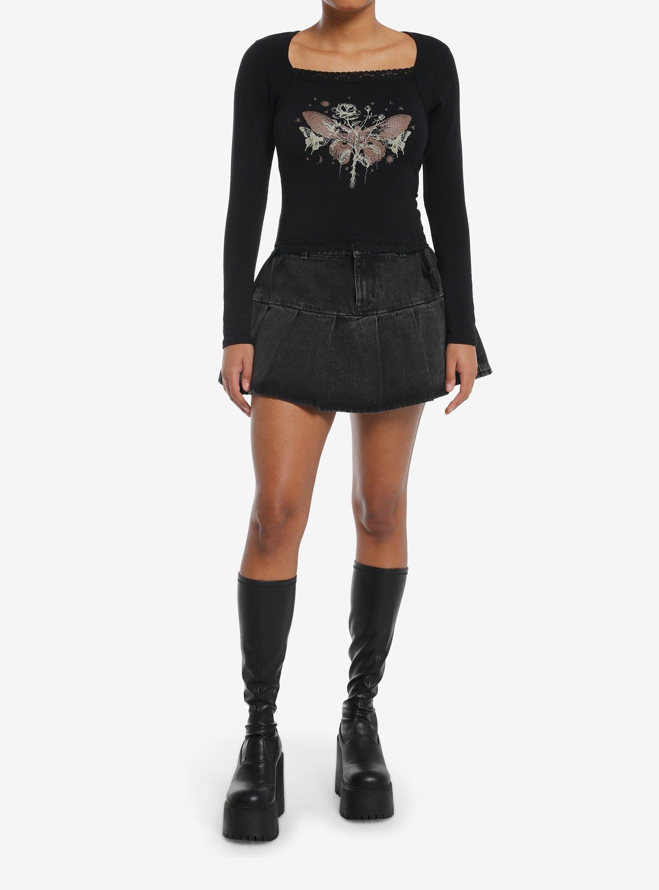 Cosmic Aura Rose & Moth Lace Trim Girls Long-Sleeve Top, , hi-res