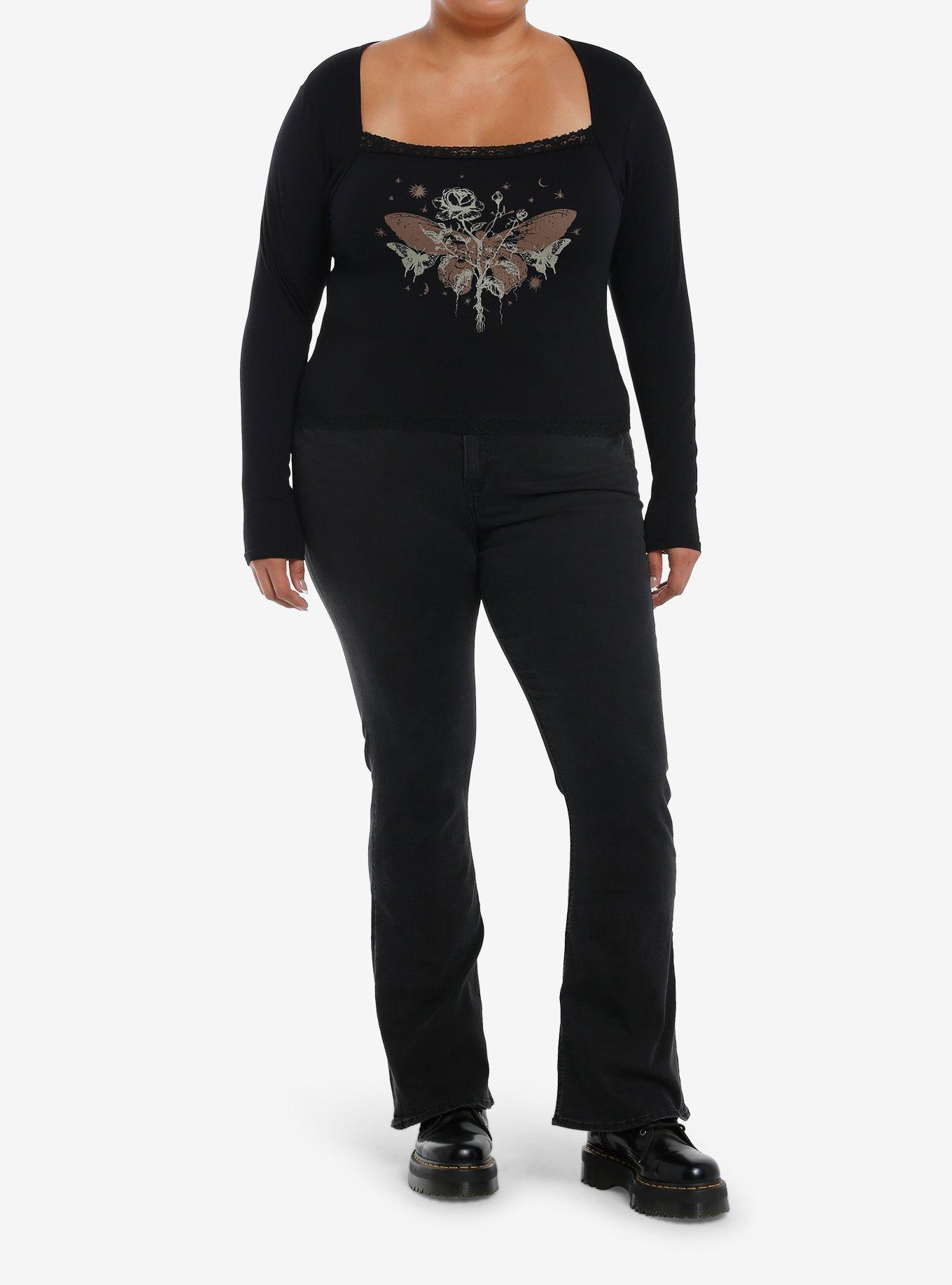 Cosmic Aura Rose & Moth Lace Trim Girls Long-Sleeve Top Plus Size, , hi-res