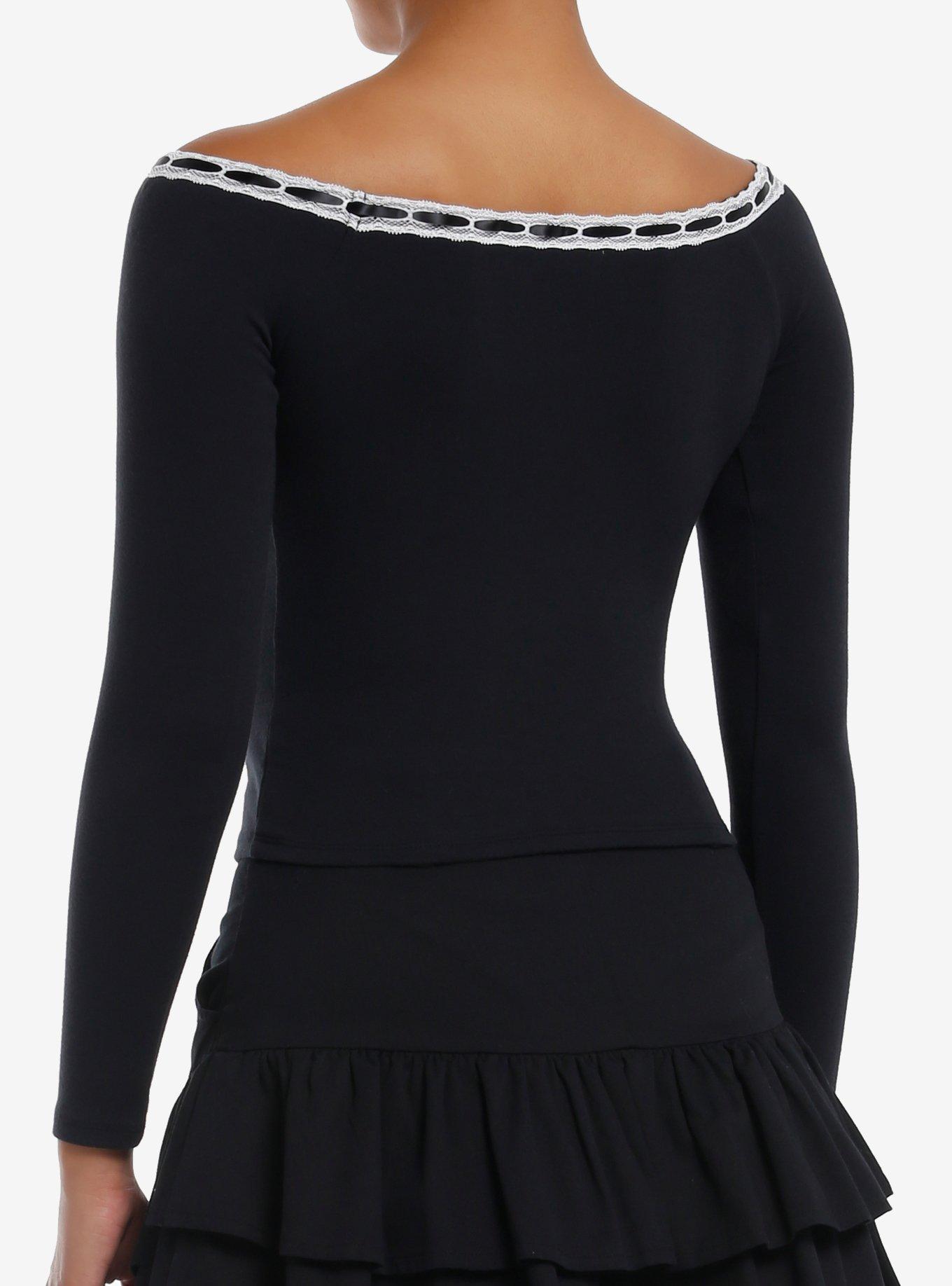 Black & White Lace Ribbon Girls Long-Sleeve Top, , alternate