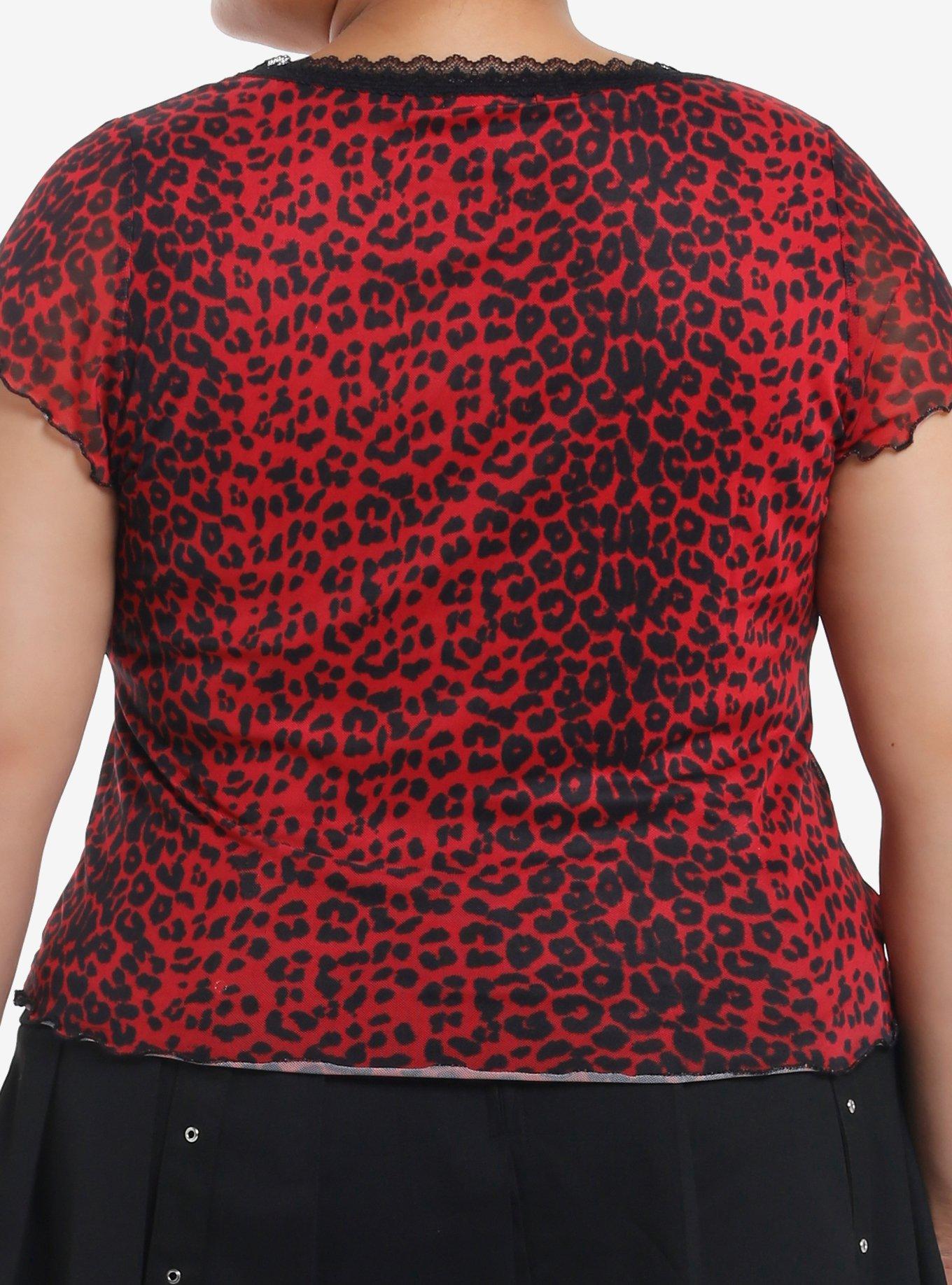 Social Collision Red & Black Cheetah Mesh Girls Top Plus Size, BLACK, alternate