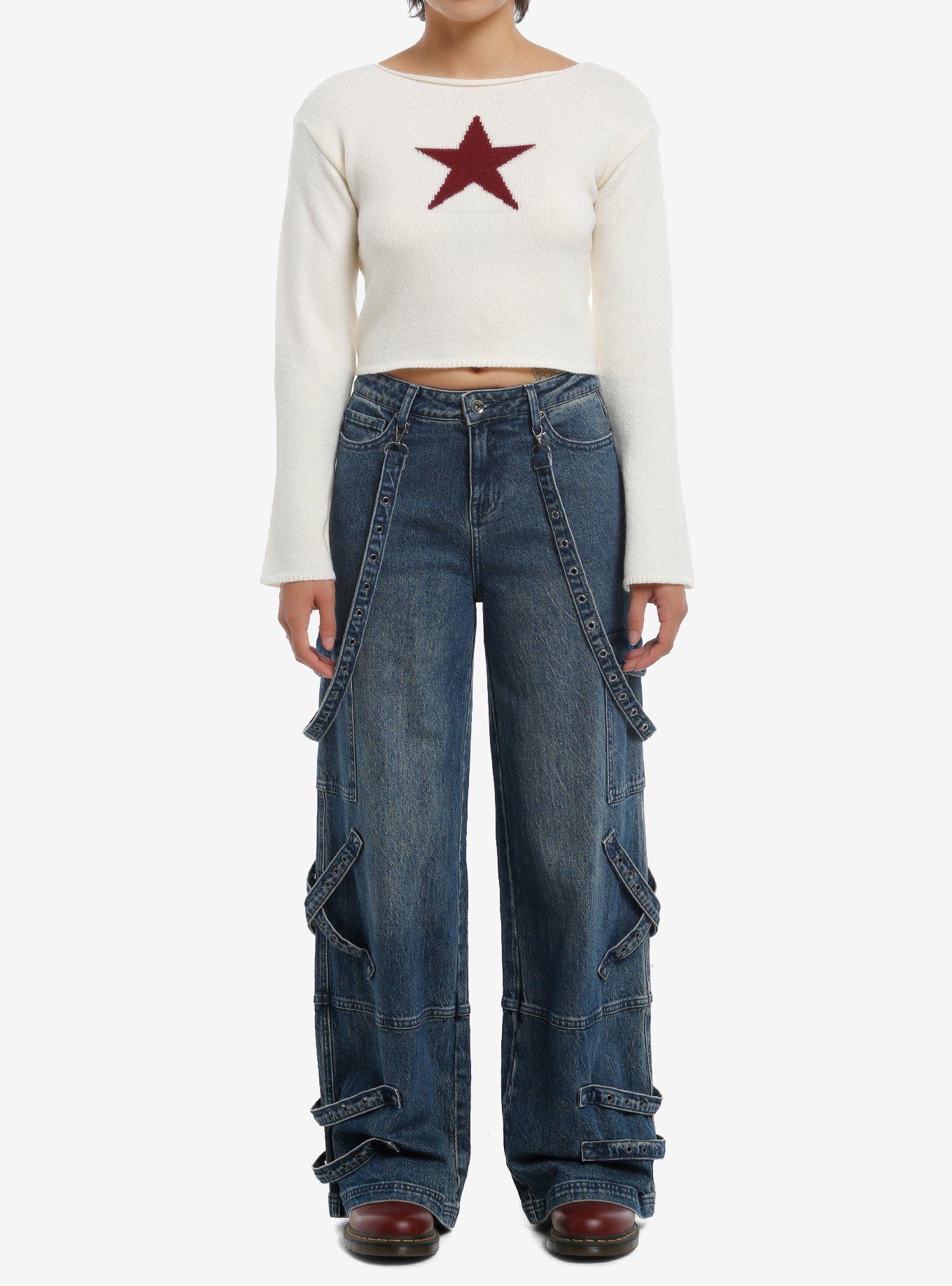 Cream & Red Star Girls Crop Bell Sleeve Sweater, , hi-res