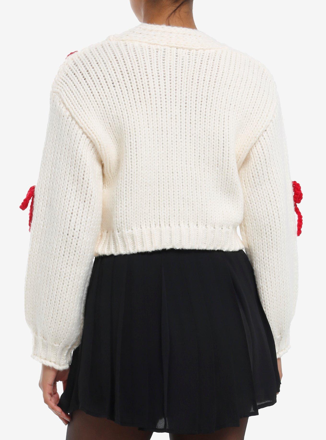 Cream & Red 3D Bow Girls Crop Cardigan, RED, alternate