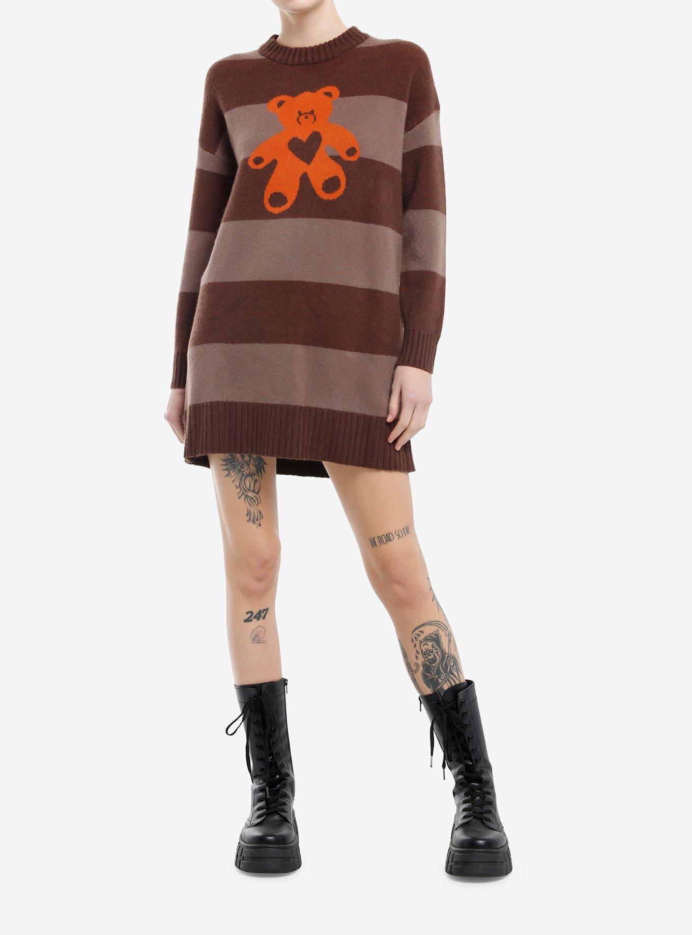 Daisy Street Brown Strip Teddy Bear Sweater Dress, , hi-res