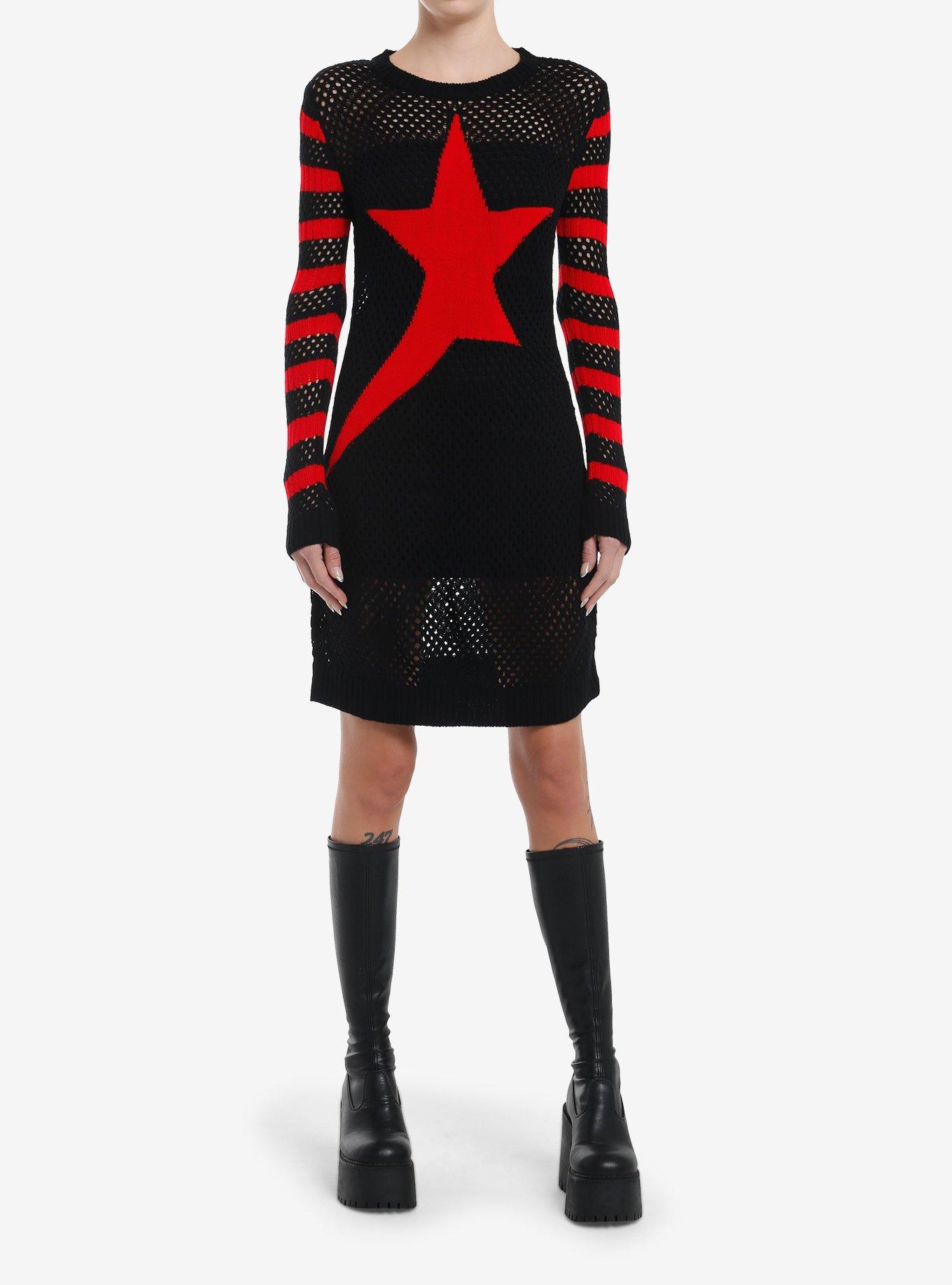Black & Red Star Stripe Knit Sweater Dress, , hi-res