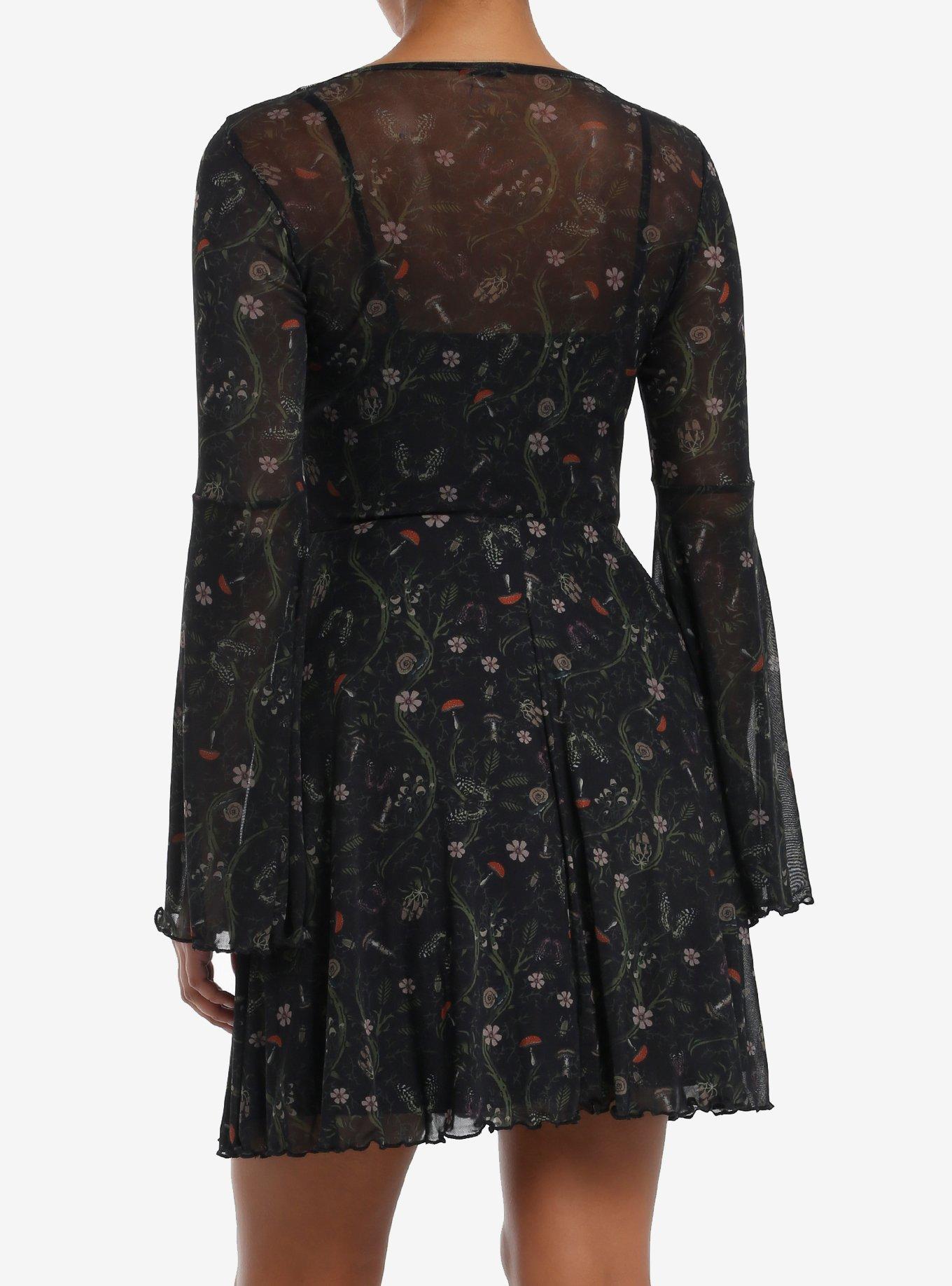 Thorn & Fable Mushroom Vines Mesh Bell Sleeve Dress, GREEN, alternate