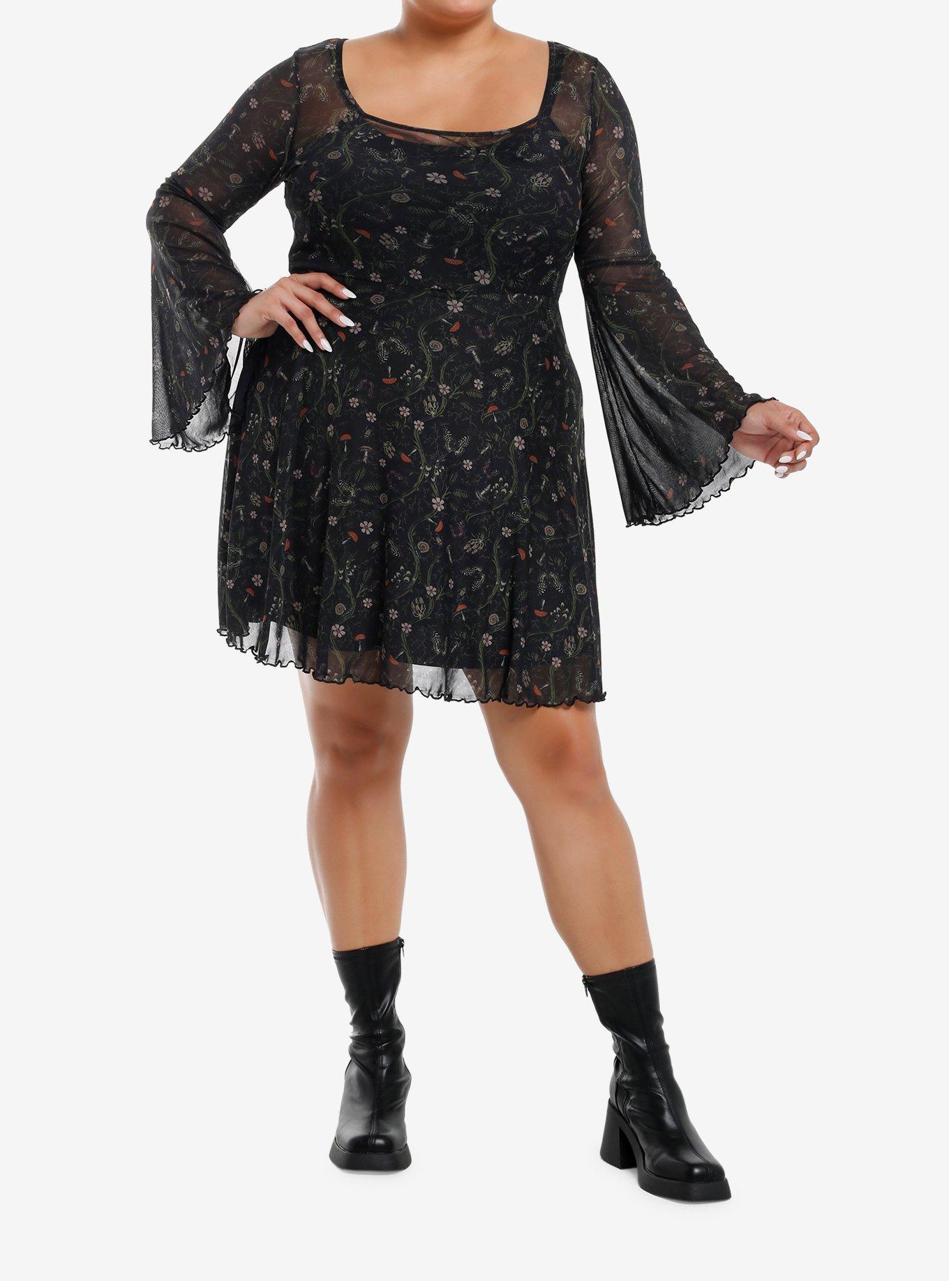 Thorn & Fable Mushroom Vines Mesh Bell Sleeve Dress Plus Size, , hi-res