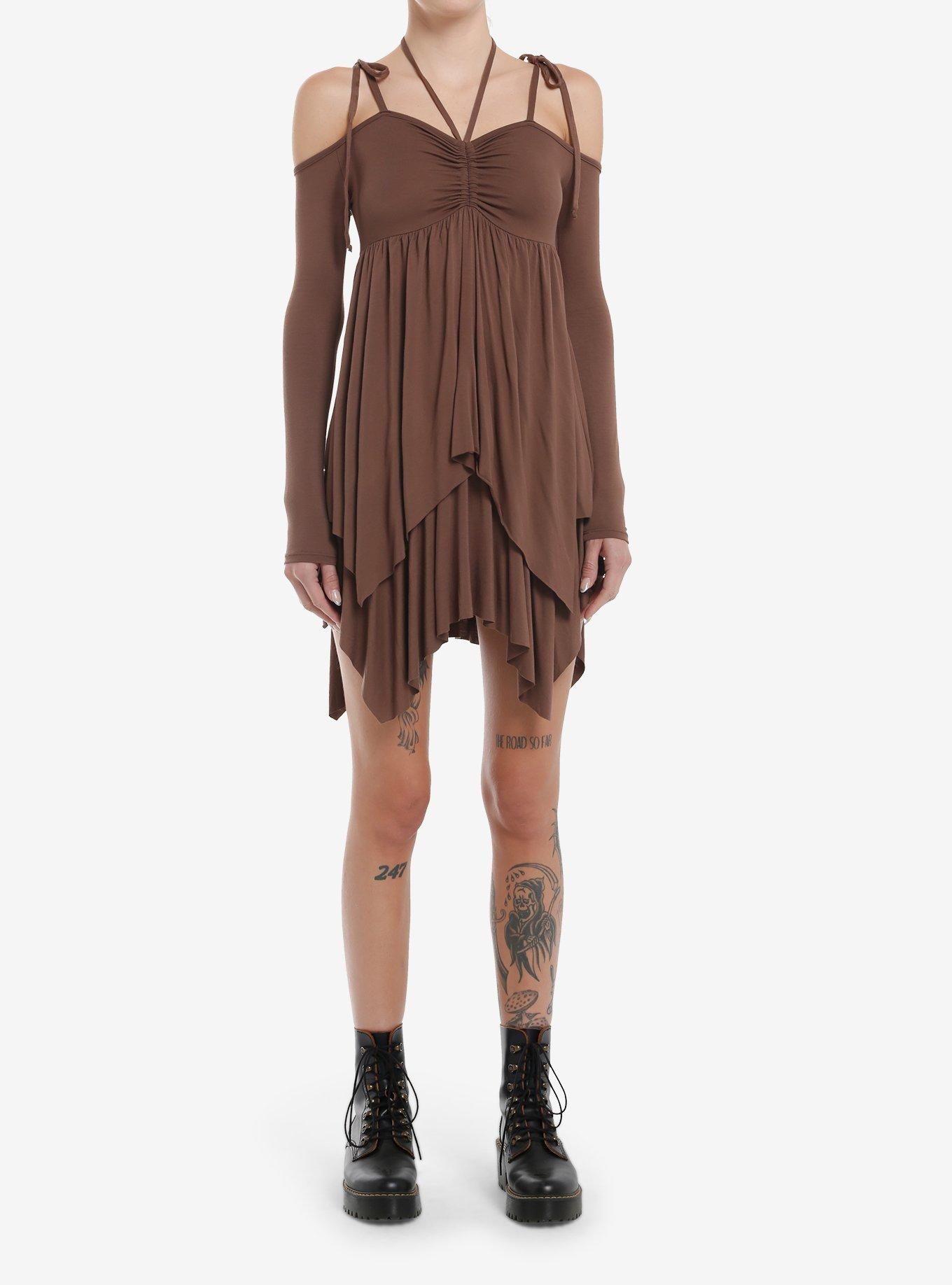 Thorn & Fable Brown Hanky Hem Cold Shoulder Dress