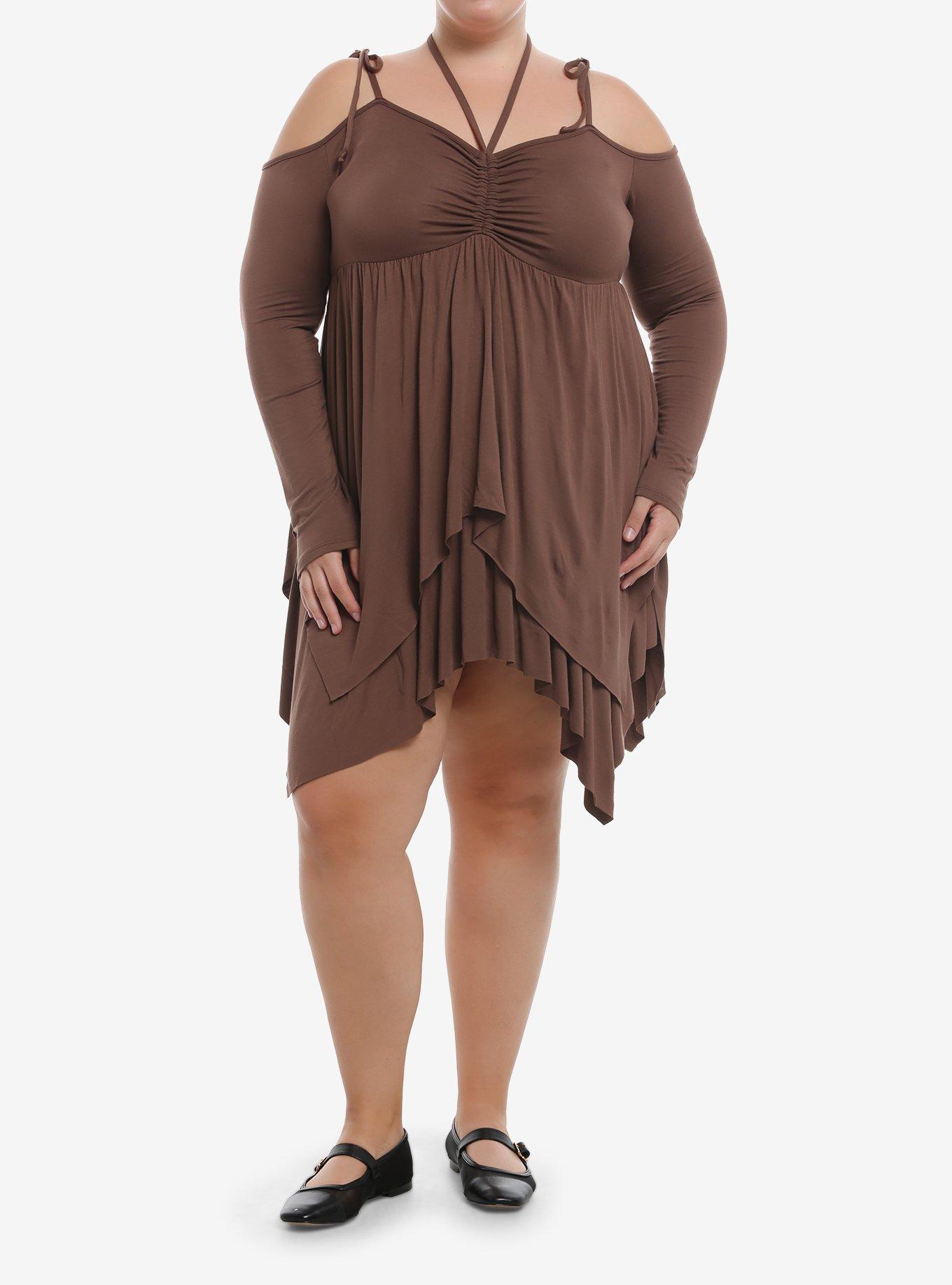 Thorn & Fable Brown Hanky Hem Cold Shoulder Dress Plus Size, , hi-res