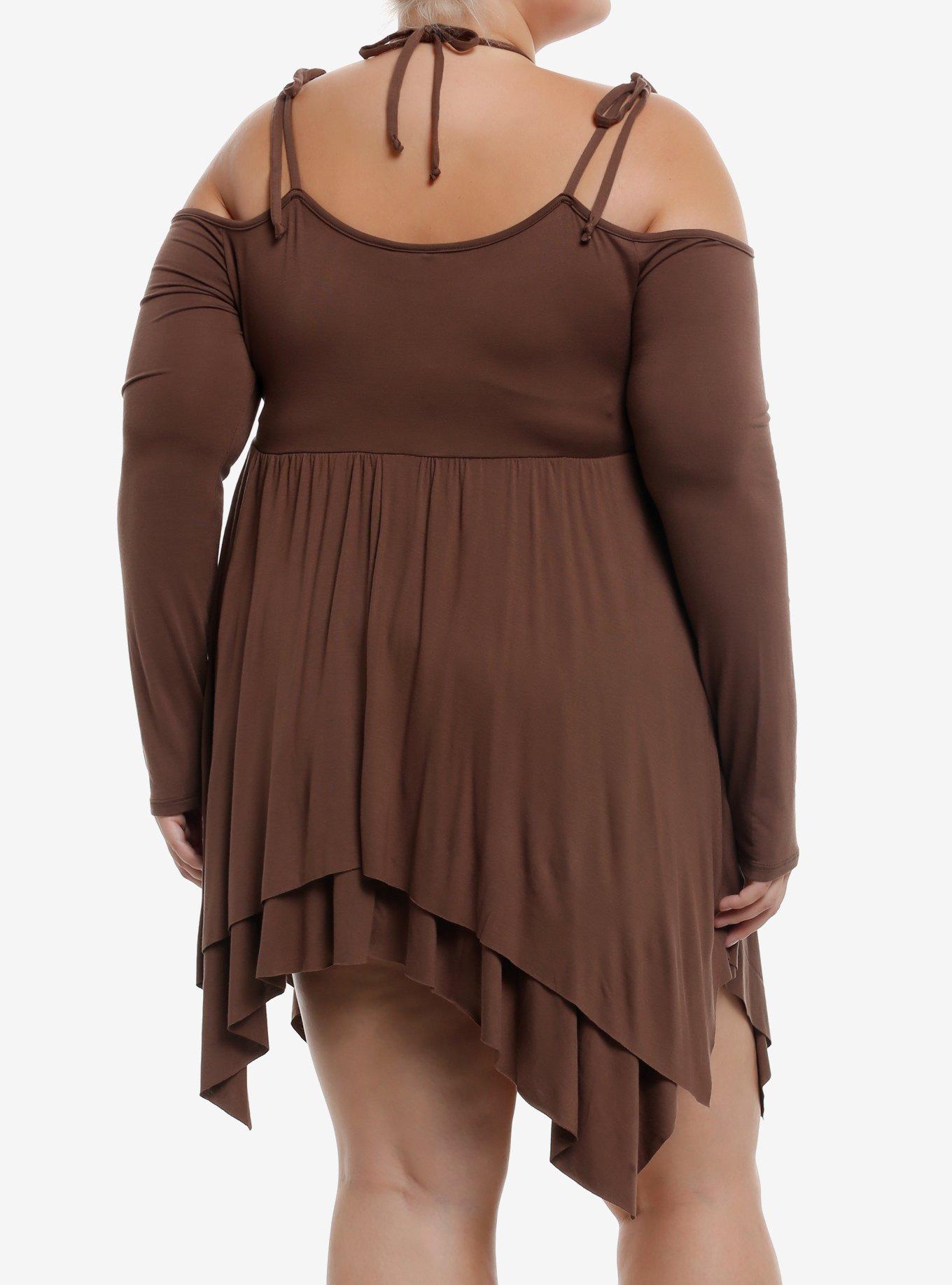Thorn & Fable Brown Hanky Hem Cold Shoulder Dress Plus Size, BROWN, alternate
