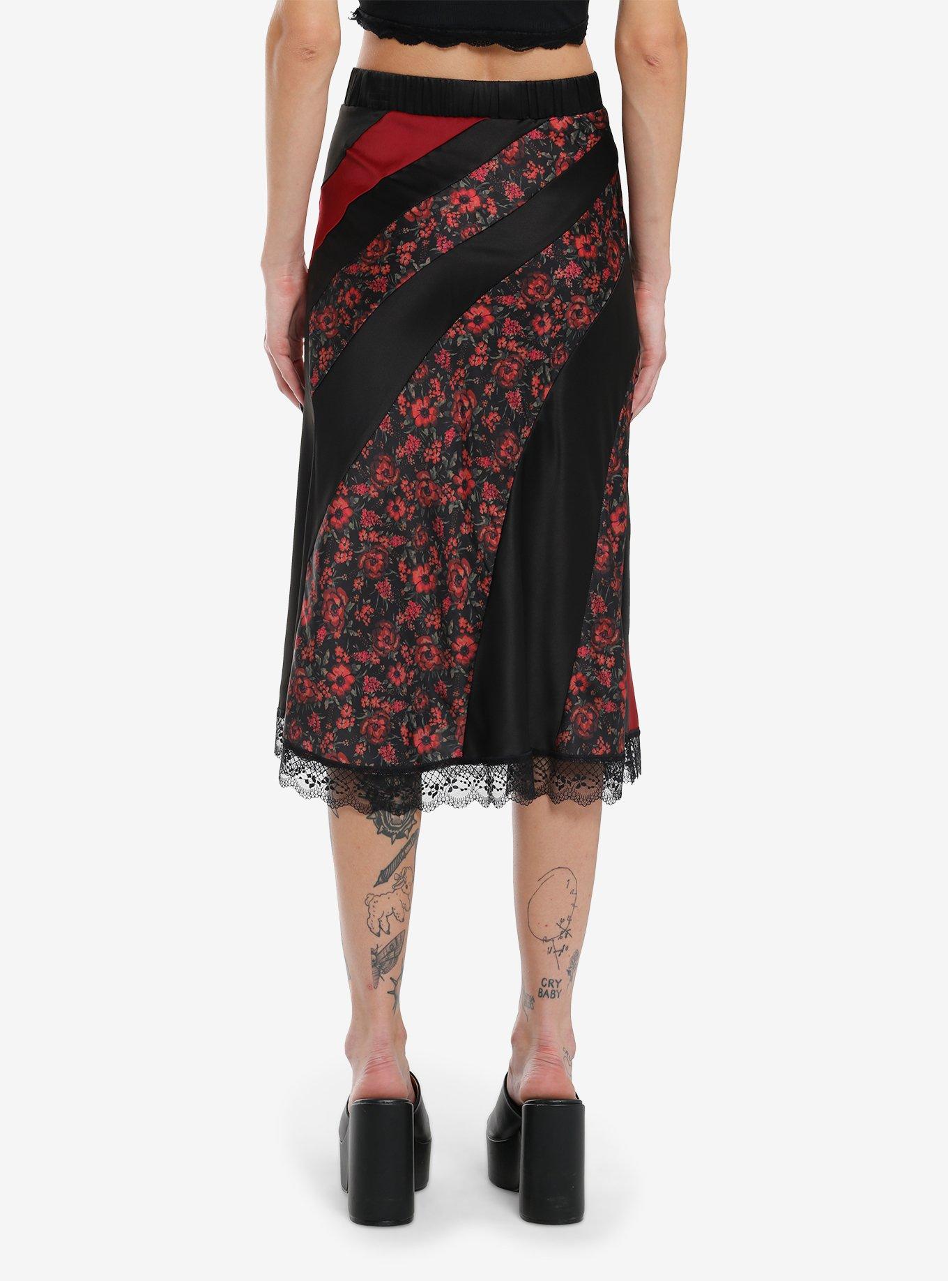 Black Red & Rose Panels Slip Midi Skirt