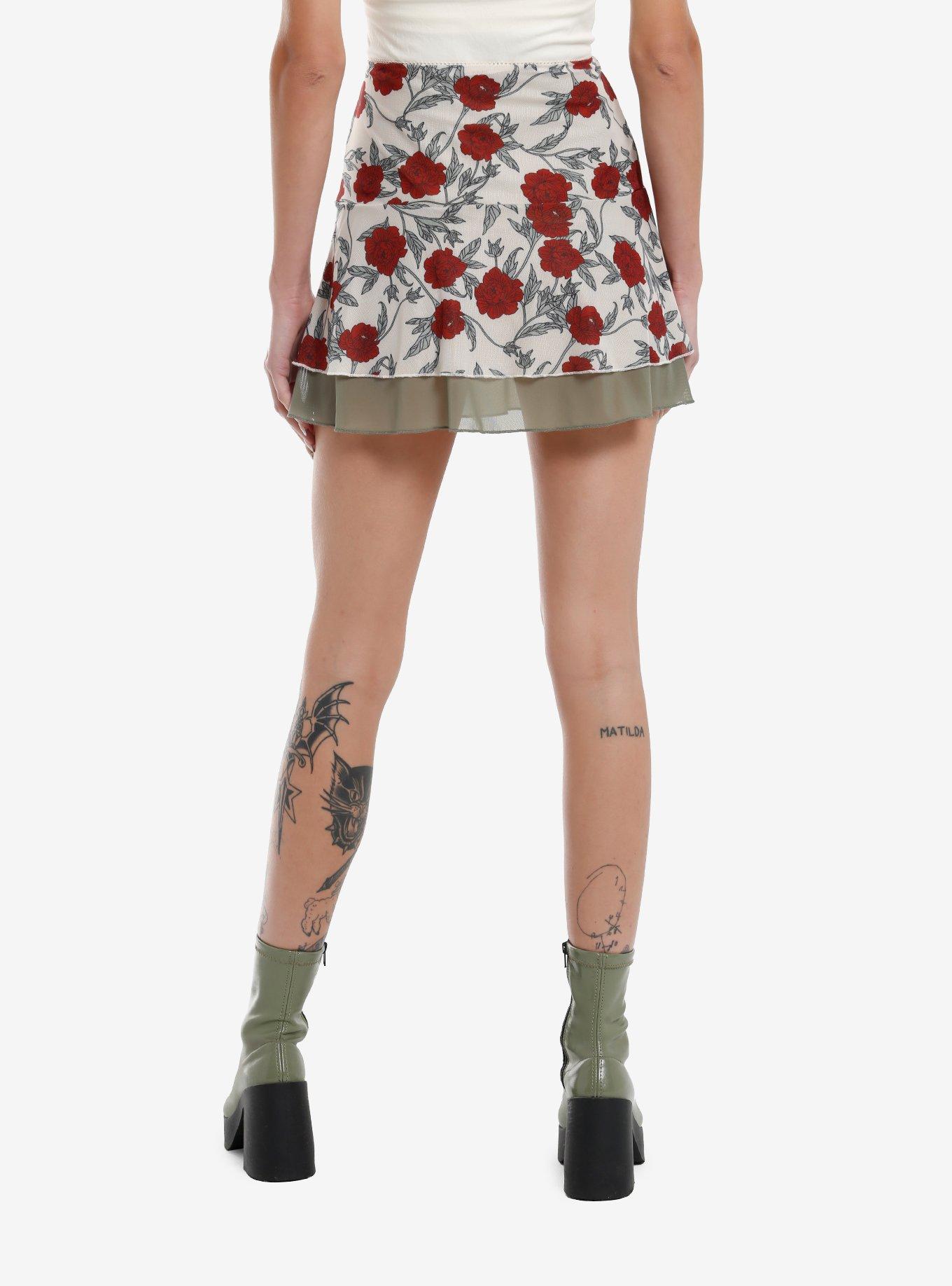Thorn & Fable Red Rose & Green Mini Slip Skirt, , hi-res