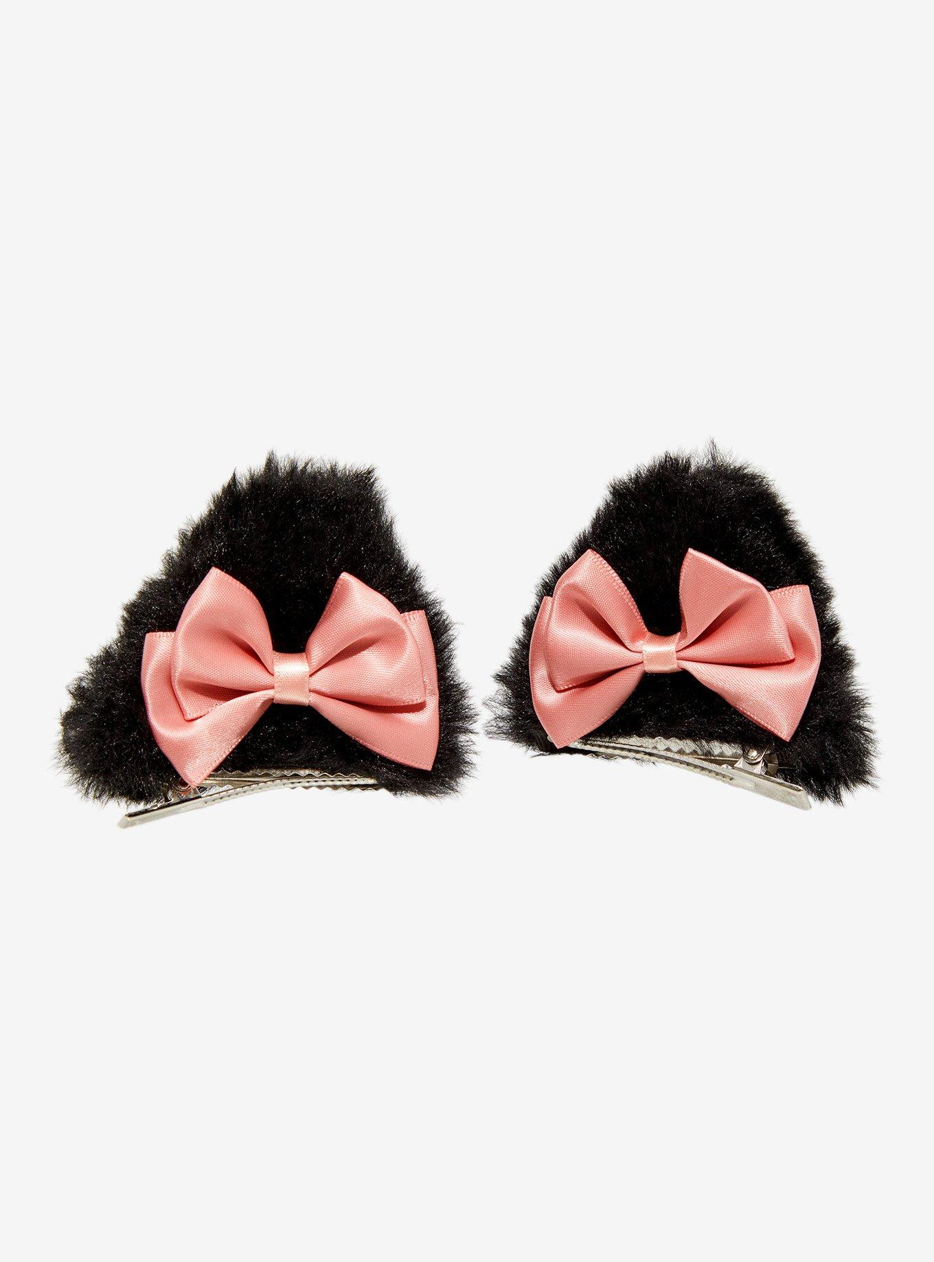 Sweet Society Pink Bow Fuzzy Cat Ear Hair Clip Set, , hi-res