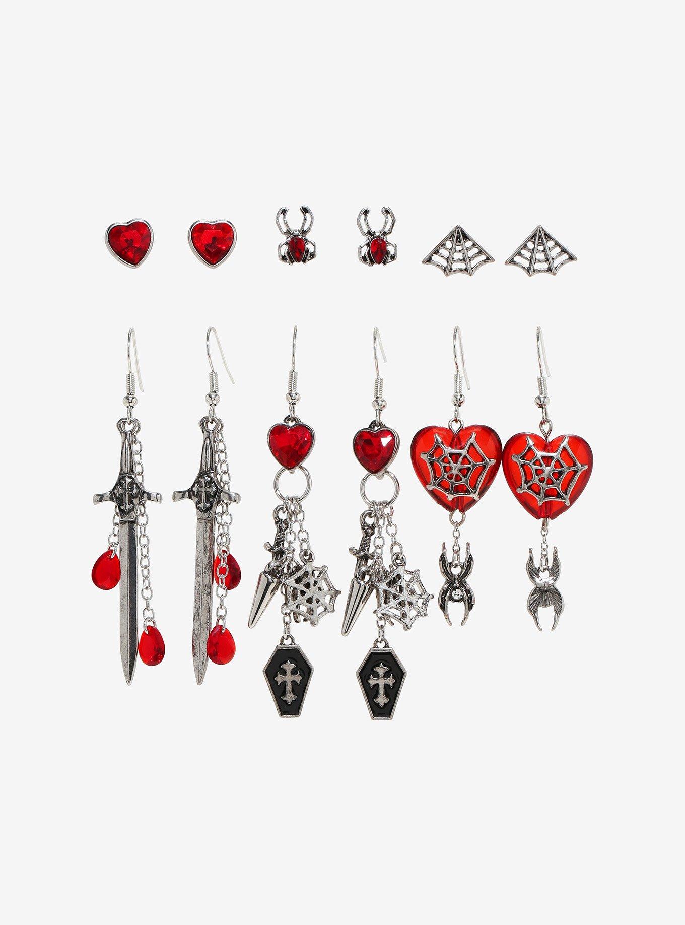 Social Collision Spider Dagger Red Gem Earring Set, , alternate