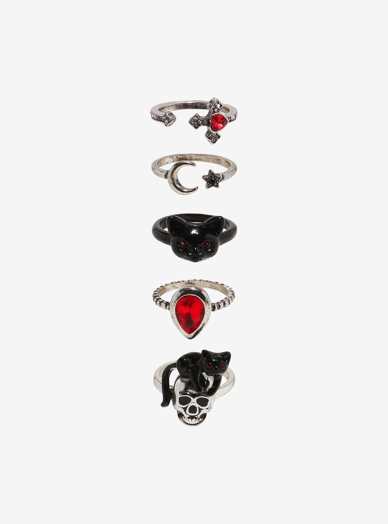 Social Collision Black Cat Skull Ring Set, , hi-res