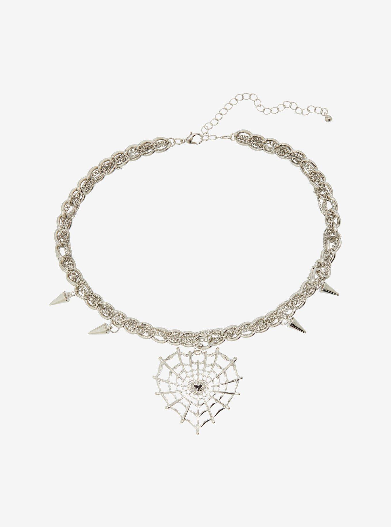 Social Collision Spiderweb Heart Spike Choker Necklace, , hi-res