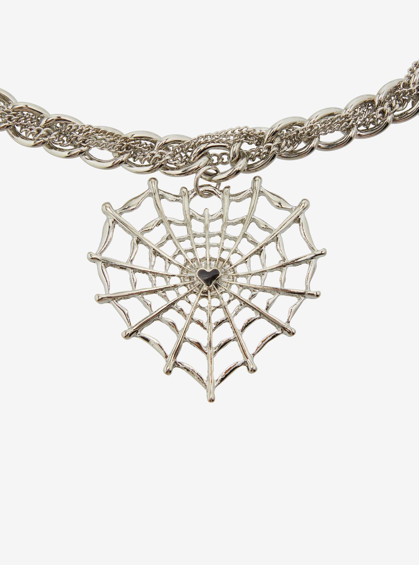 Social Collision Spiderweb Heart Spike Choker Necklace, , alternate