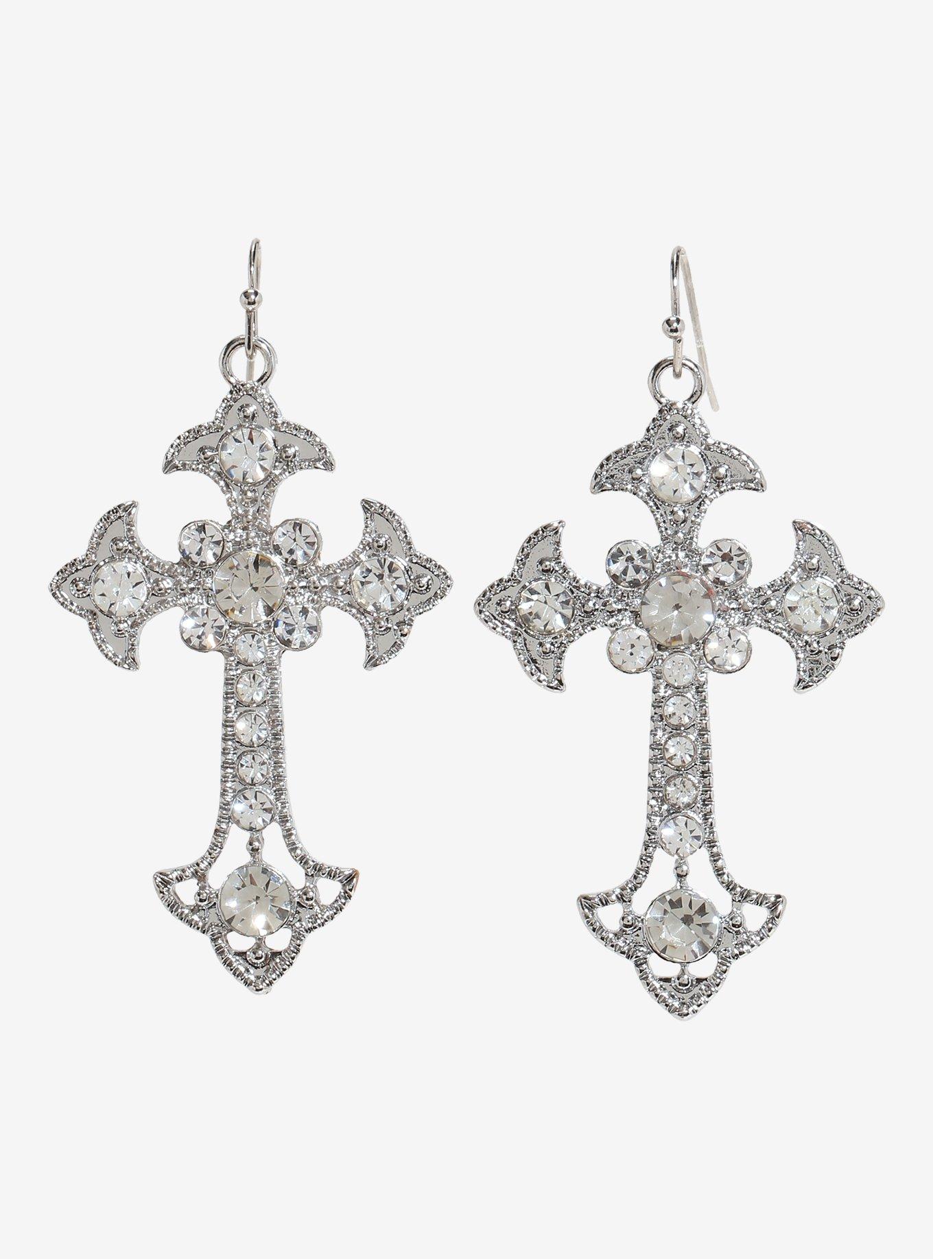 Social Collision Bling Cross Drop Earrings, , hi-res