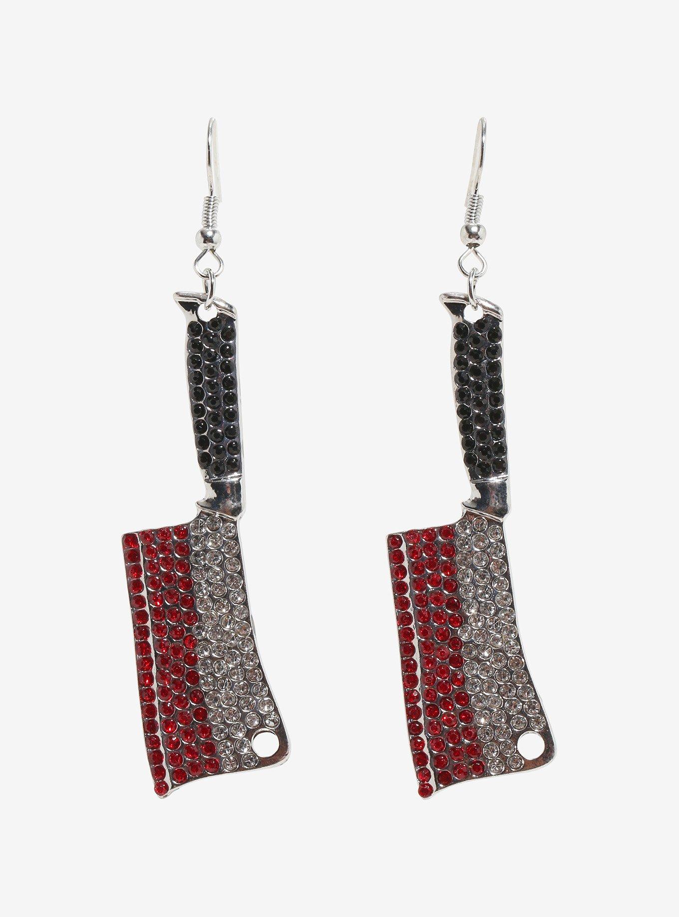 Social Collision Rhinestone Bloody Cleaver Earrings, , hi-res