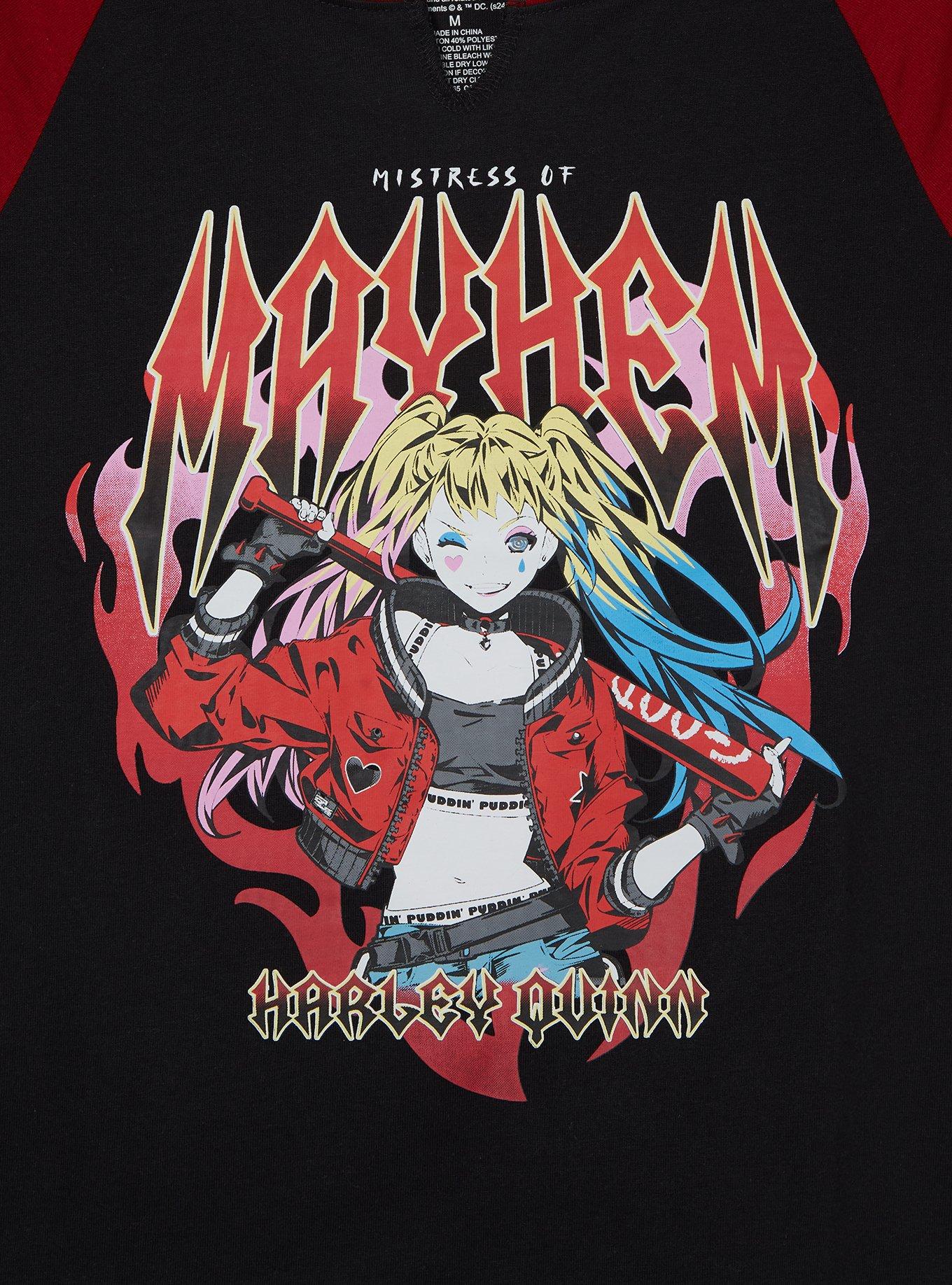 DC Comics Batman Harley Quinn Mistress of Mayhem Women's Cropped Raglan Baby Tee &mdash; BoxLunch Exclusive, BLACK, alternate