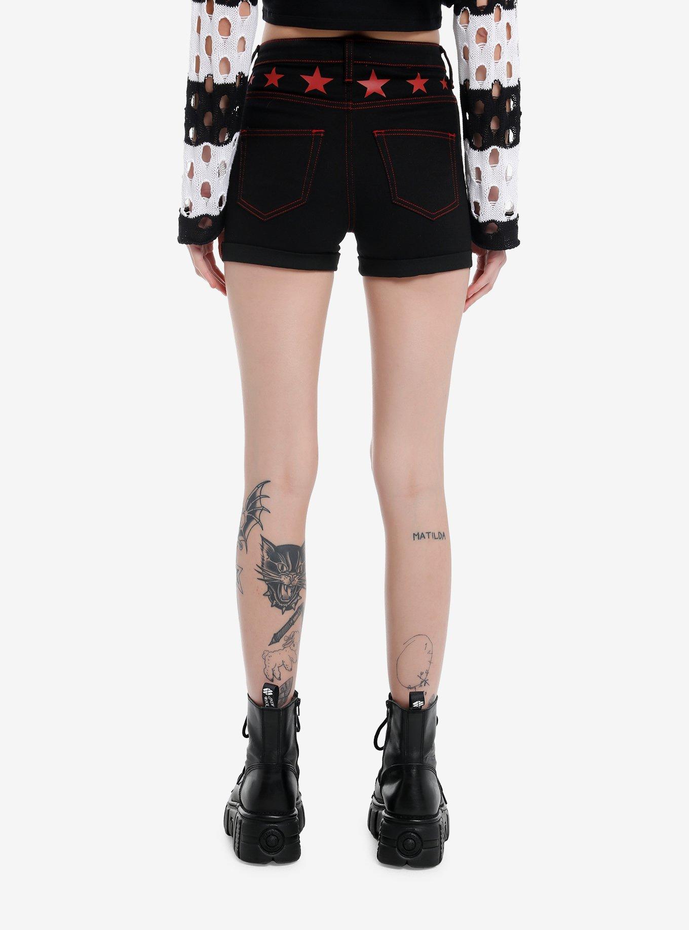 Black & Red Star Denim Shorts, RED, alternate