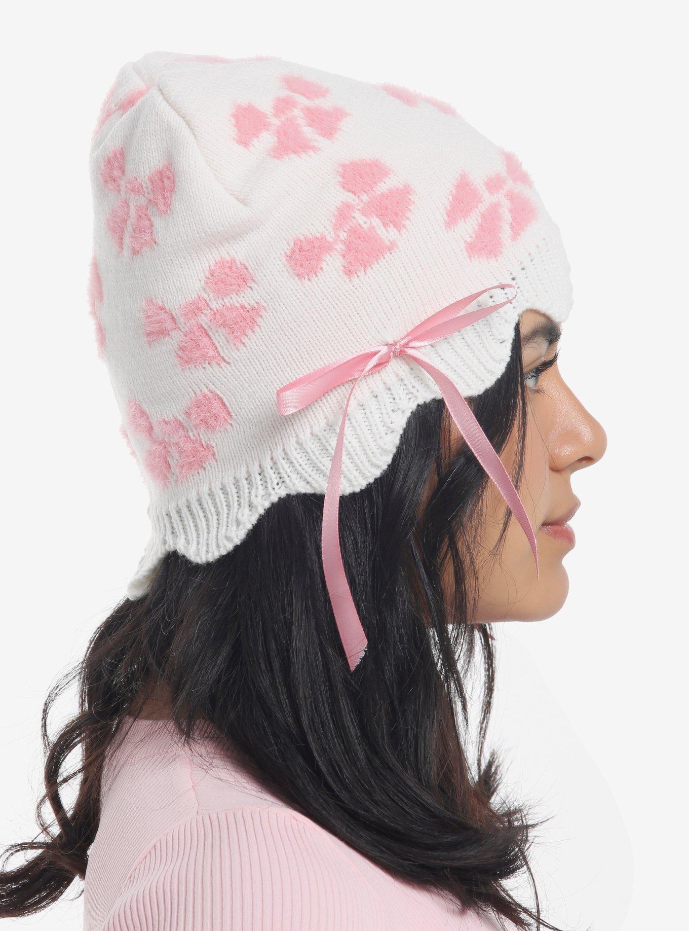 Cream Pink Flower Scalloped Beanie, , hi-res
