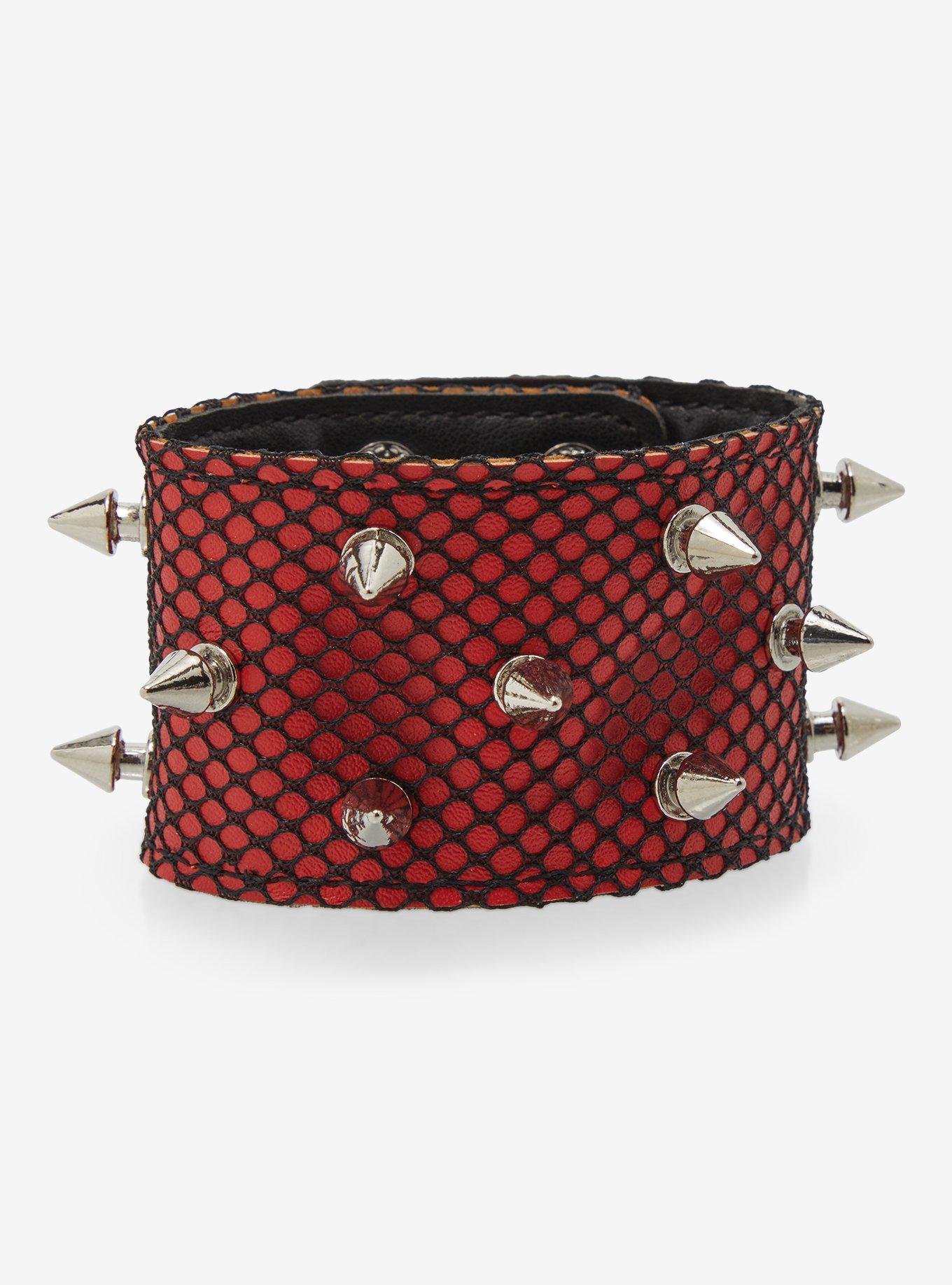 Social Collision Red Faux Leather Fishnet Spike Cuff Bracelet, , hi-res
