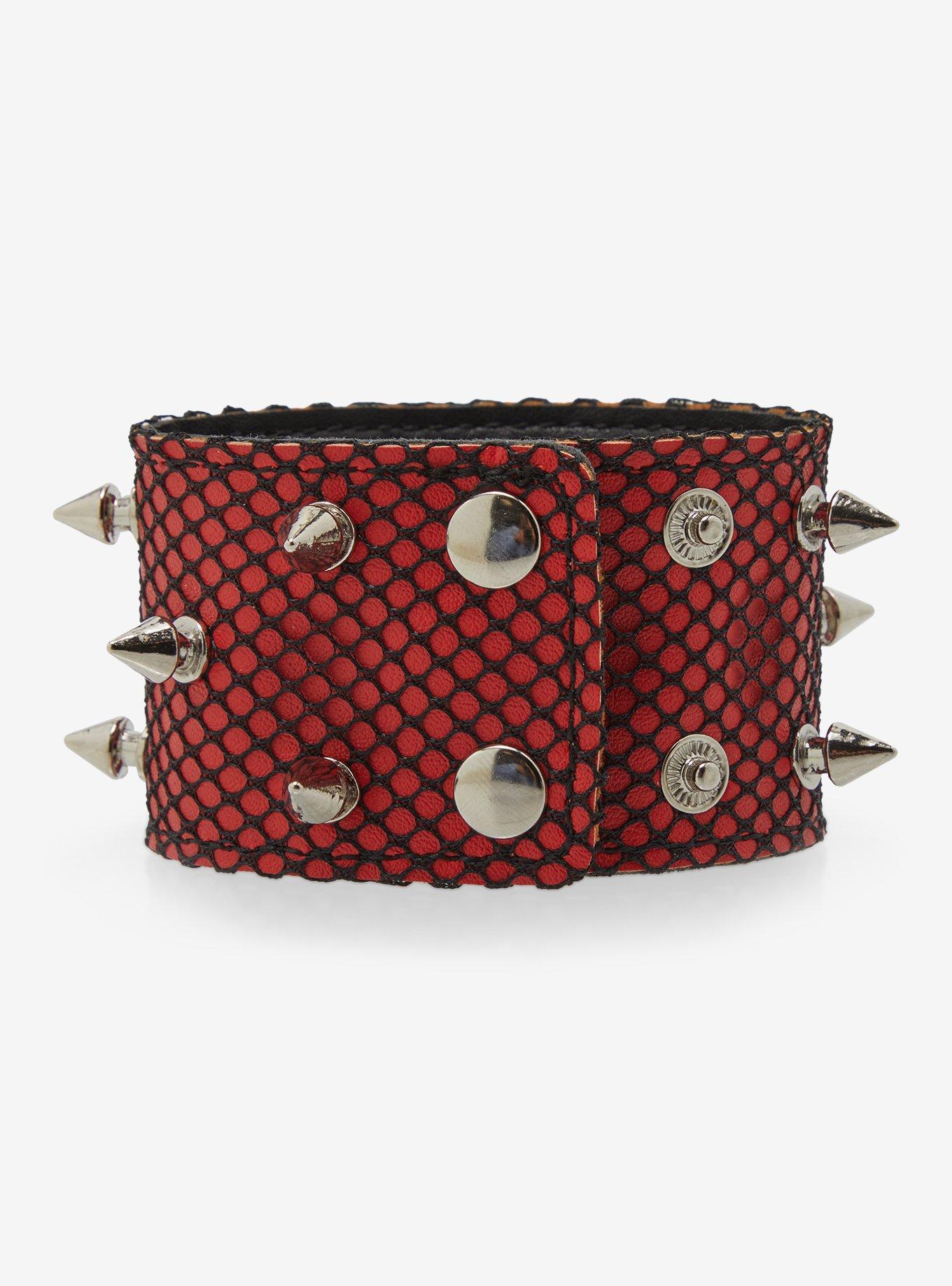 Social Collision Red Faux Leather Fishnet Spike Cuff Bracelet, , alternate