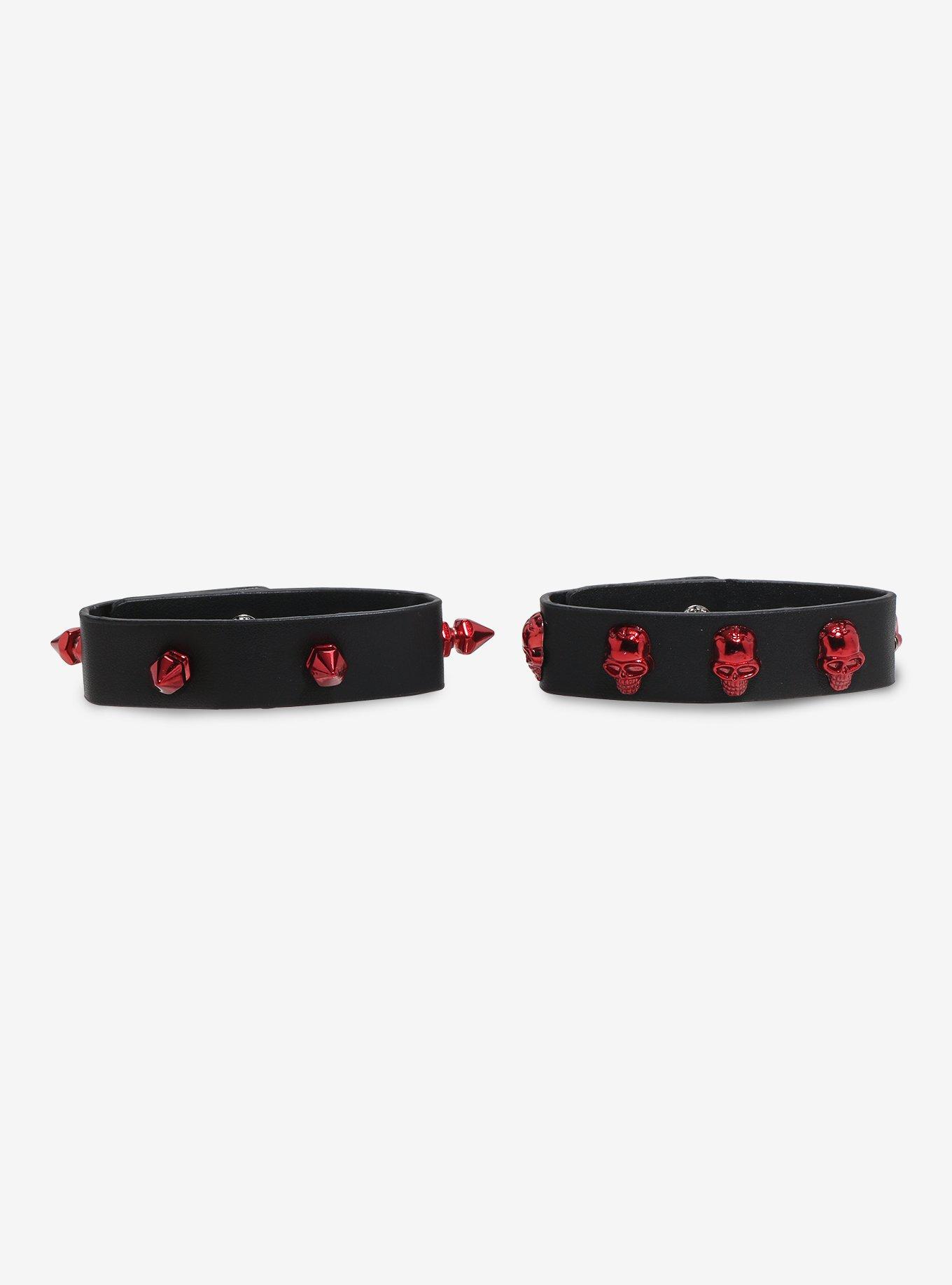 Social Collision Red Spike & Skull Cuff Bracelet Set, , hi-res
